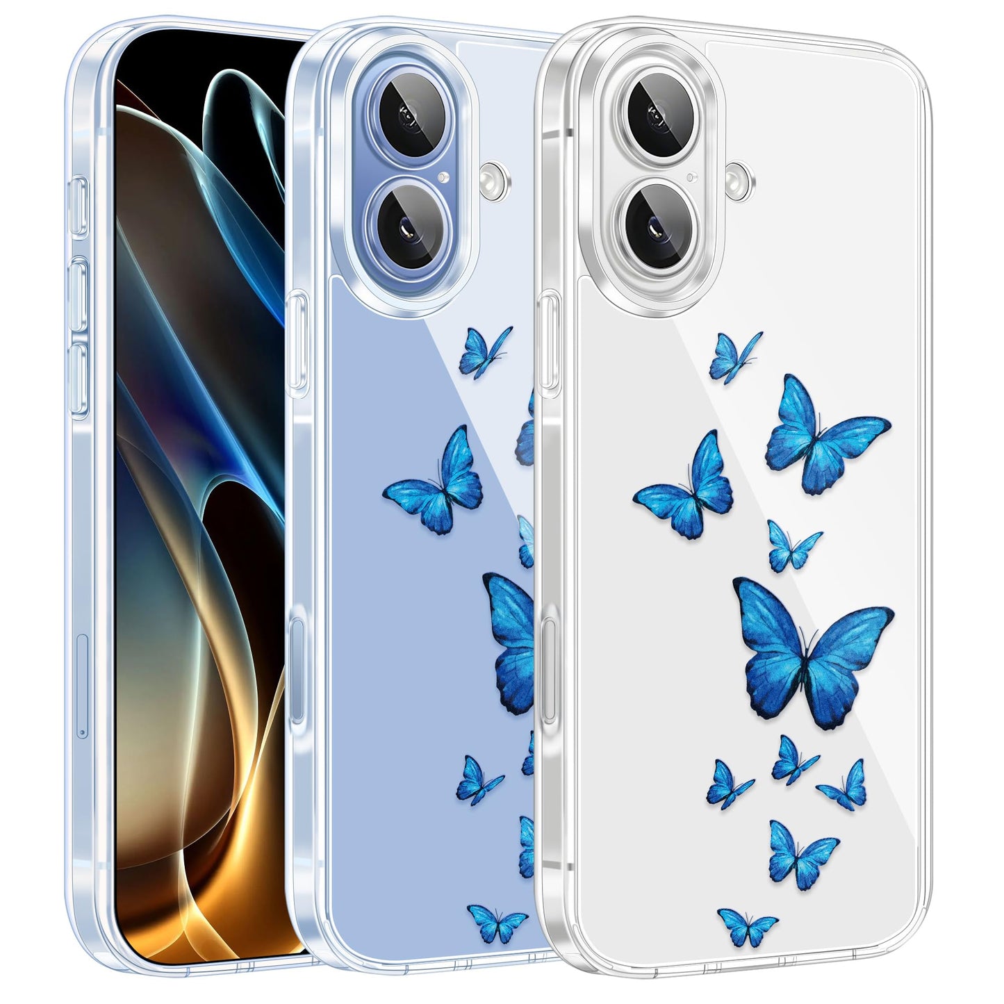 Cute Girly Crystal Clear Case Compatible with iPhone 16 Pro, Camera Control & Shockproof Protection Floral Case for Women, Blue Butterflies WN420