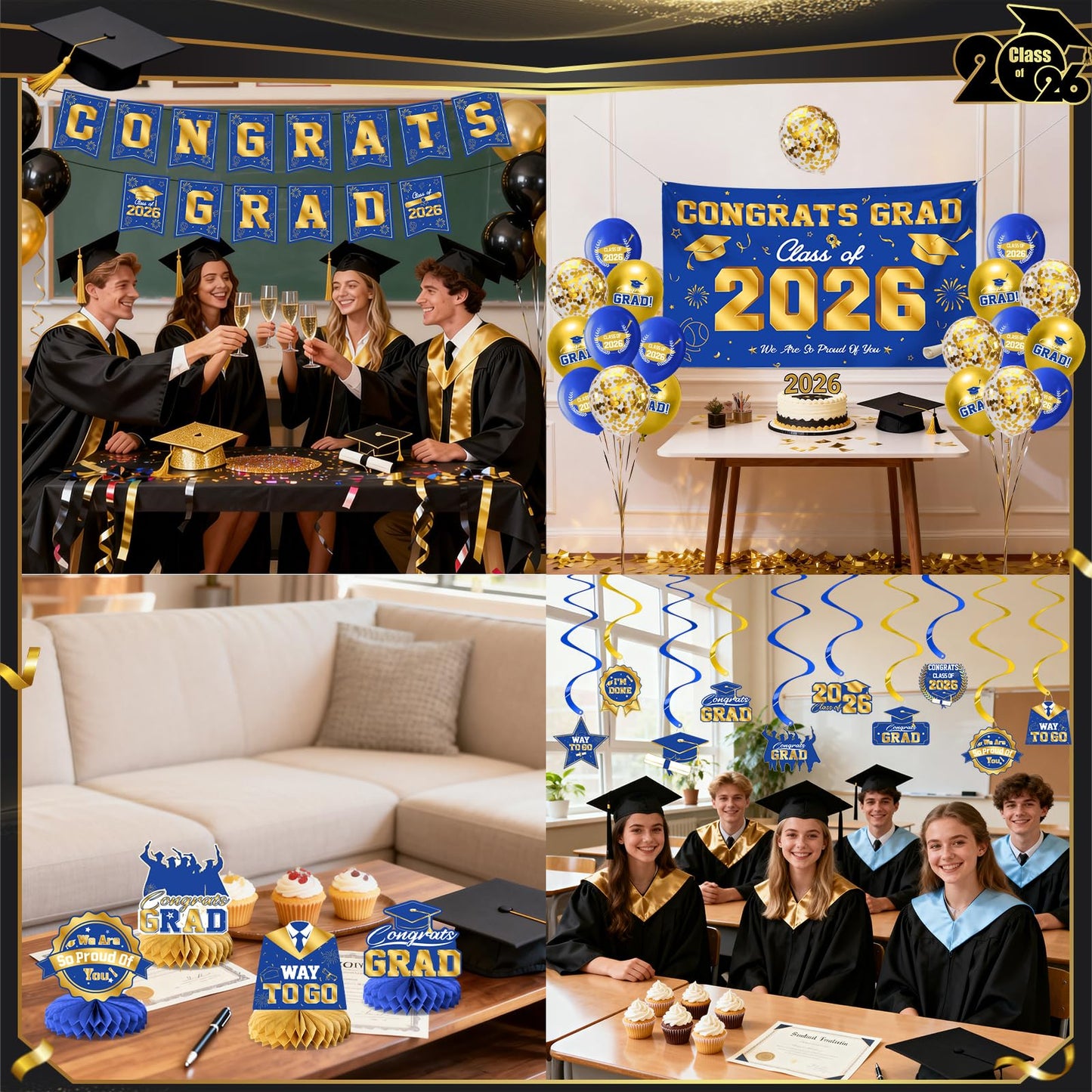 Graduation Decorations 2026-Black and Gold Graduation Party Decorations Supplies Class of 2026 with Graduation Banner, Backdrop, Balloons, Centerpieces, Hanging Swirl for Grad Party BST326H