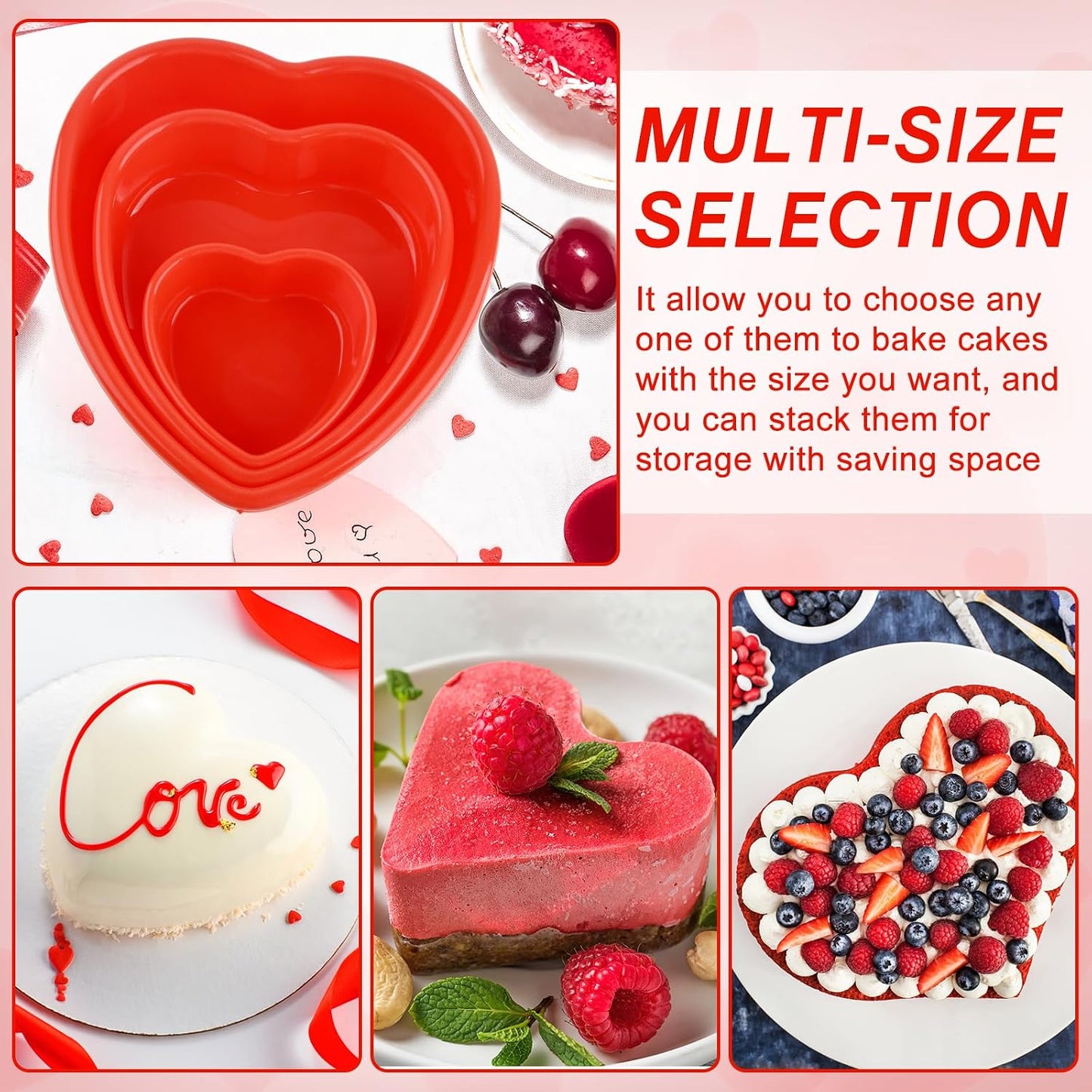 3 Pieces Silicone Heart Cake Pan, 5 8 10 inches Heart Shaped Cake Pan Nonstick Cheesecake Mold Reusable Food Grade Silicone Baking Mold for Baking Brownie Valentine Mother Wedding Birthday Day, Red BST326H