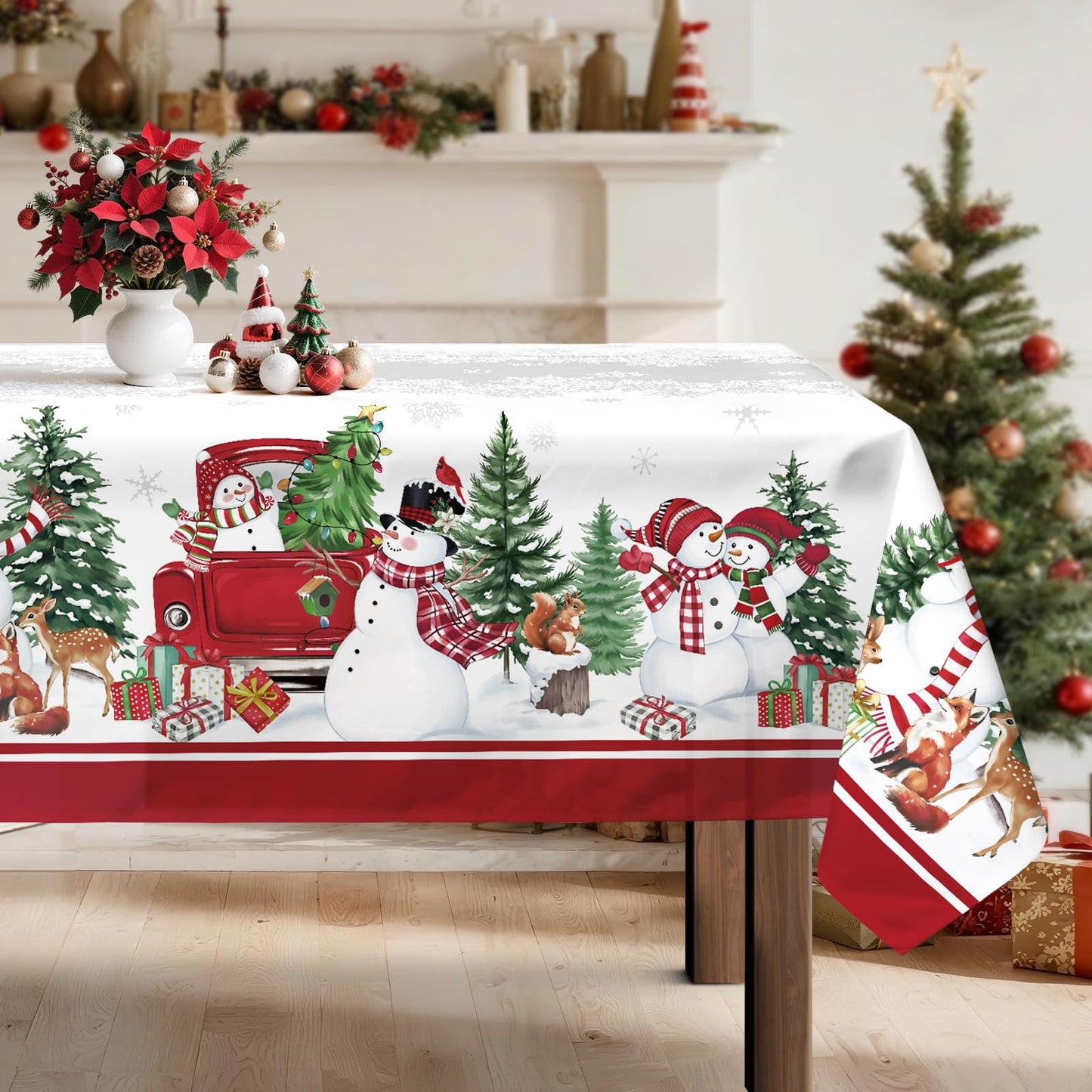 Christmas Tablecloth Waterproof, Red Snowman Snowflake Table Cloth Rectangle, Washable Table Cover for Christmas Party Home Kitchen Decoration (60×120 Inch) BST202
