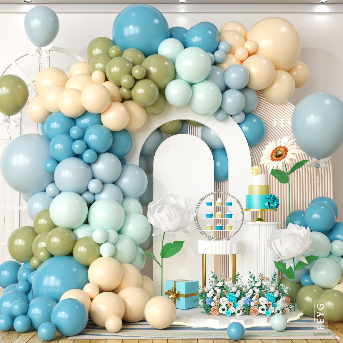 Dusty Green Blue Balloon Arch Kit, Fog Green Dusty Water Blue Beige Ivory Latex Balloons Garland Kit for Women Men Neutral Birthday Wedding Baby Bridal Shower Jungle Safari Party Decorations WN420
