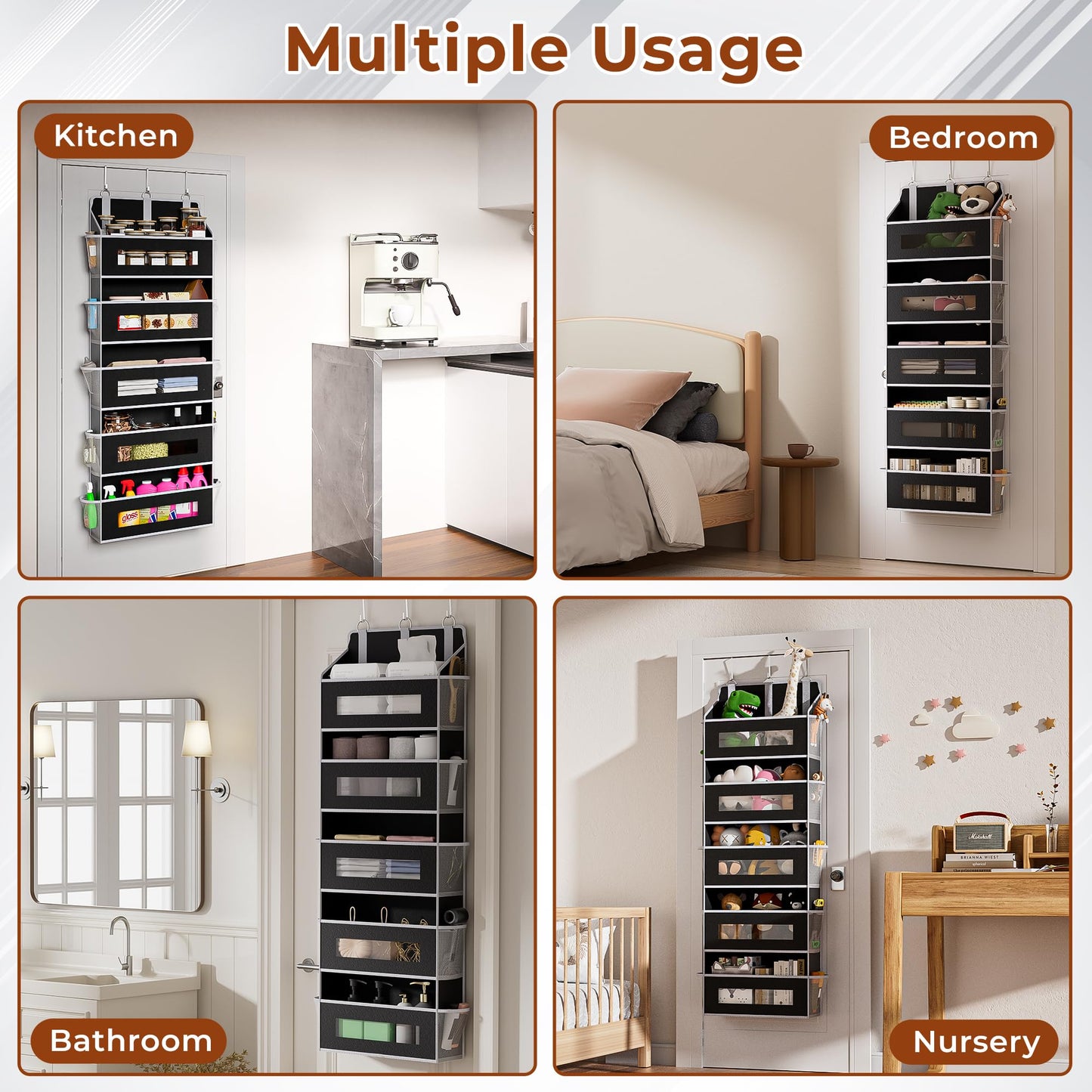 5 Tier Over The Door Organizer - Large Capacity Behind Door Hanging Shelves with 10 Mesh Pockets and Clear Windows, Closet Organizers and Storage for Bathroom, Bedroom, Nursery, Grey BST326H