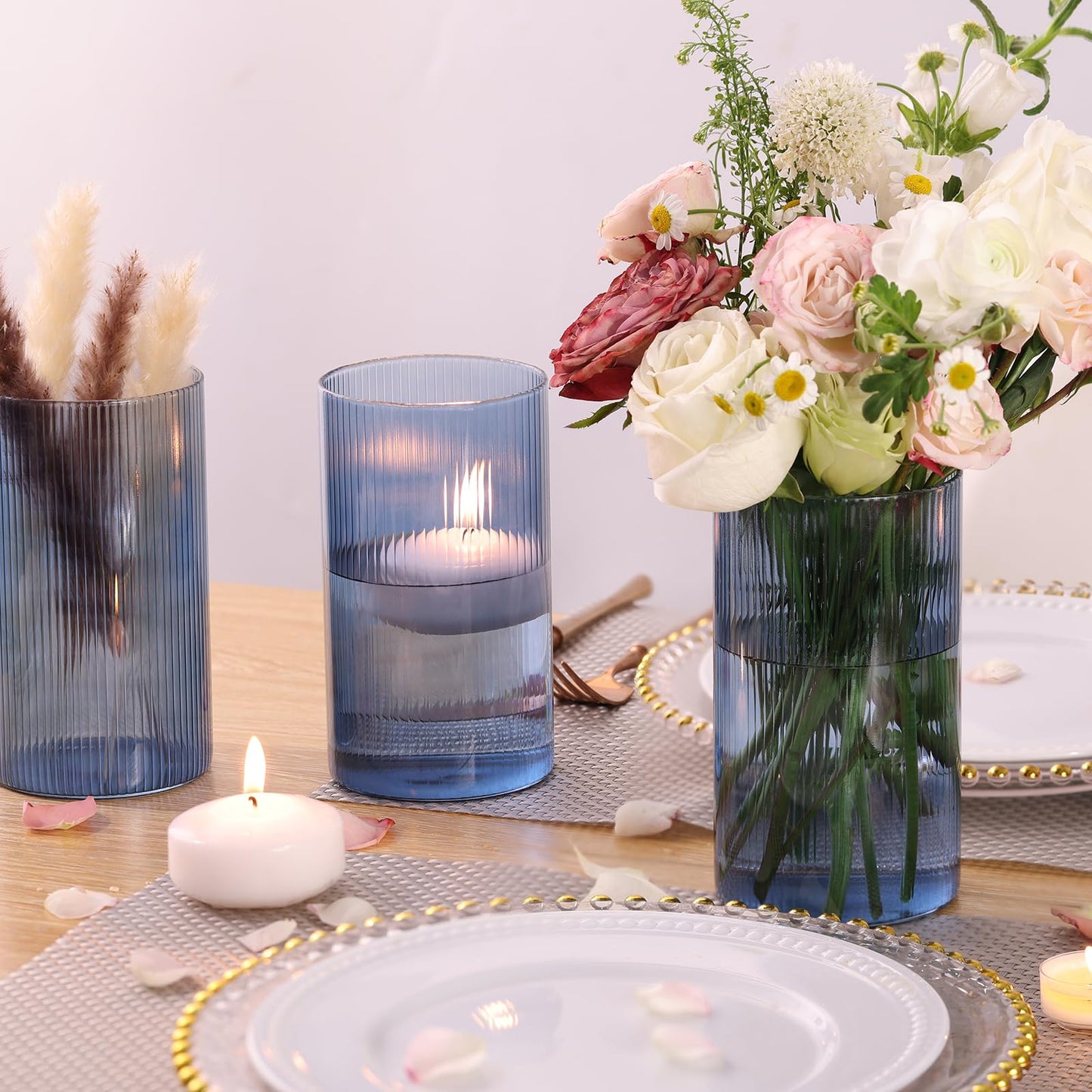Glass Ribbed Cylinder Vases, 8 Inch Tall, Clear, Pack of 3 | Flower Vases in Bulk, Hurricane Floating Candle Vases, For Party Home Decor BST326H