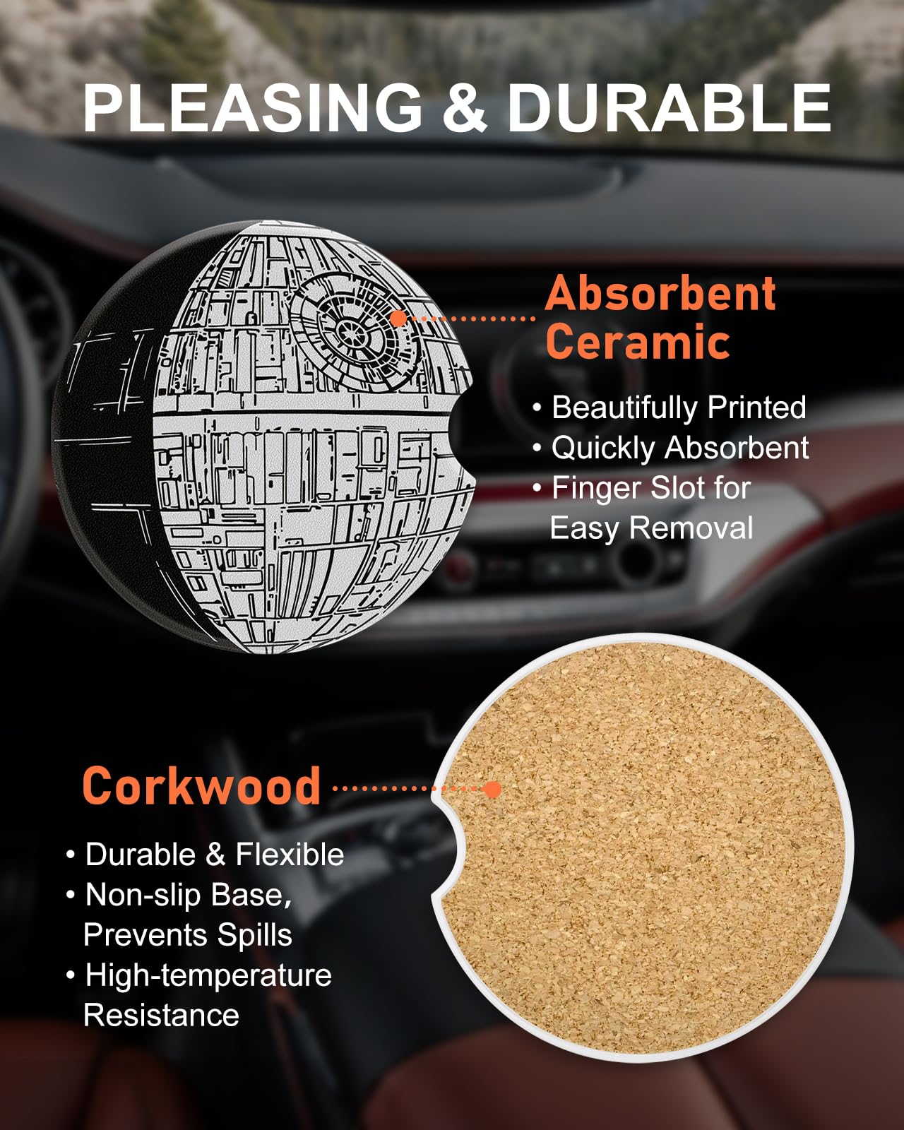 Swooflia Car Coasters for Men - Touch Down Ceramic Car Cupholder Coaster Cool Absorbent Mat Coaster with Cork Base 2 Pack Automotive Cup Holder Accessories New Driver Gifts WN420