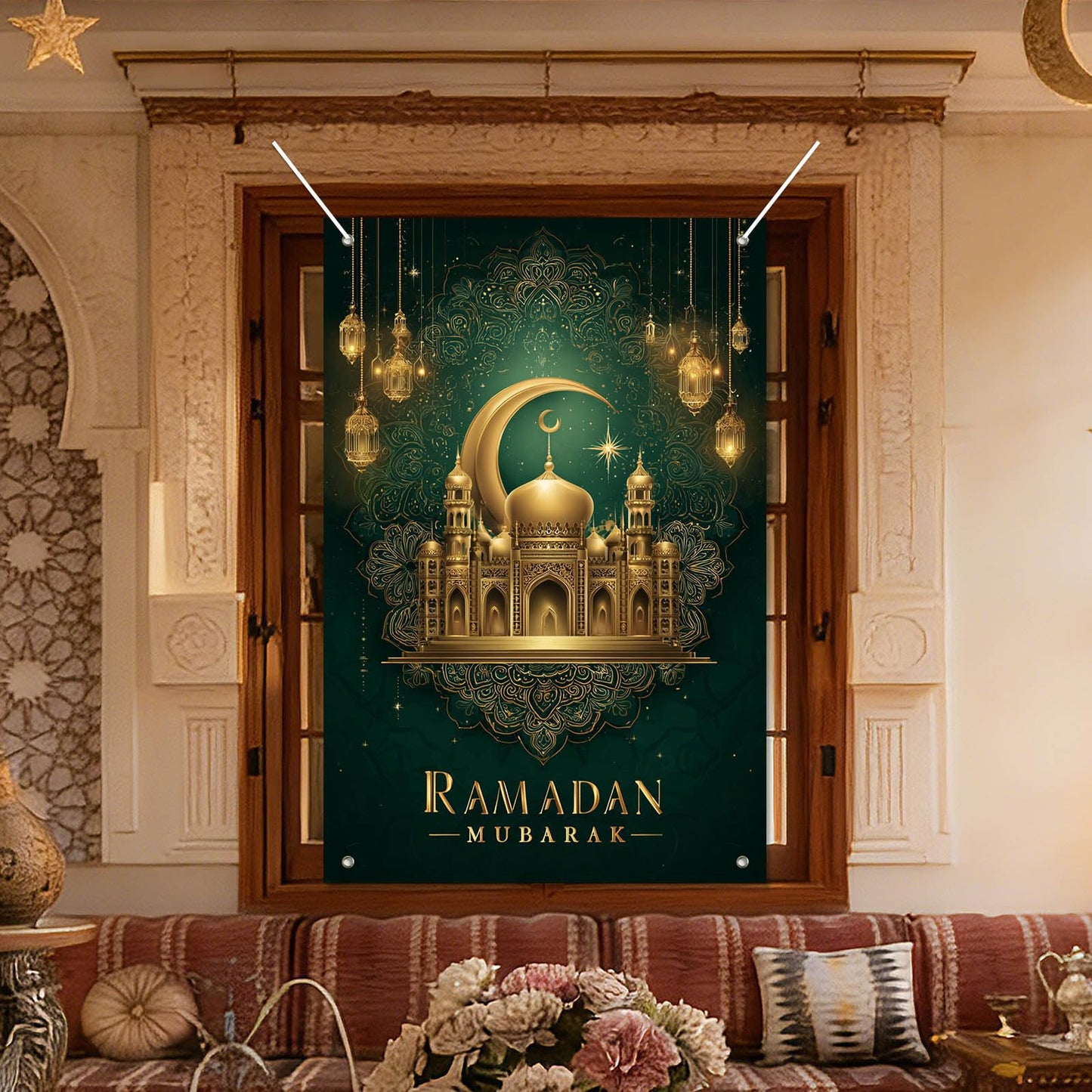 HOMETITUTE Eid Ramadan Window Banner Holiday Curtain Backdrop 31x47 Fabric | Mubarak Cover Festival Screen Windows Banner Hanging Living Room Bedroom Home Crescent Moon Star Pattern Design BST326H