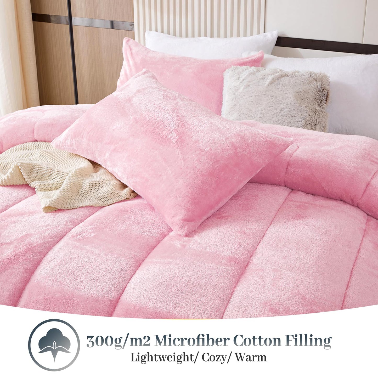 YIYEA Fluffy Queen Size Comforter Set, Luxury Faux Fur Comforter, Ultra Soft Plush Fuzzy Velvet Bedding Comforter Sets for Fall Winter, Cozy Warmth, No Shedding, 3PC, Queen, Light Grey BST326H