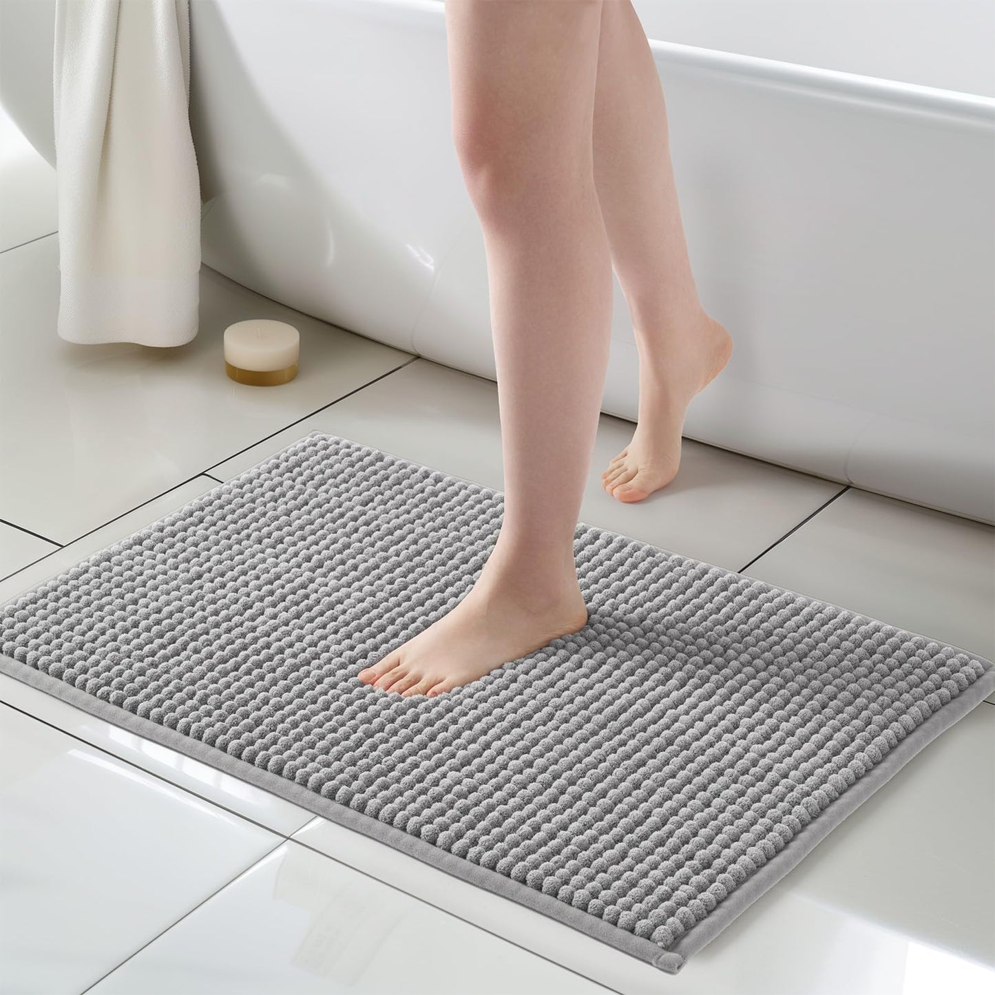 FRESHMINT Thick Chunky Chenille Bathroom Rug, Black, 20"x32" | Non-Slip Backing, Water Absorbent Surface, Machine Washable Care, Cushioned Comfort, Bathroom Floor Use BST220