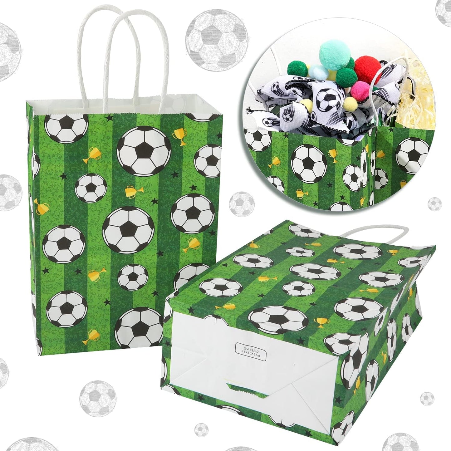 16pcs Soccer Party Favor Paper Bags - Green Football Gift Bags with Handles for Kids & Adults Team Soccer Party Goodie Snacks Treat Supplies WN420