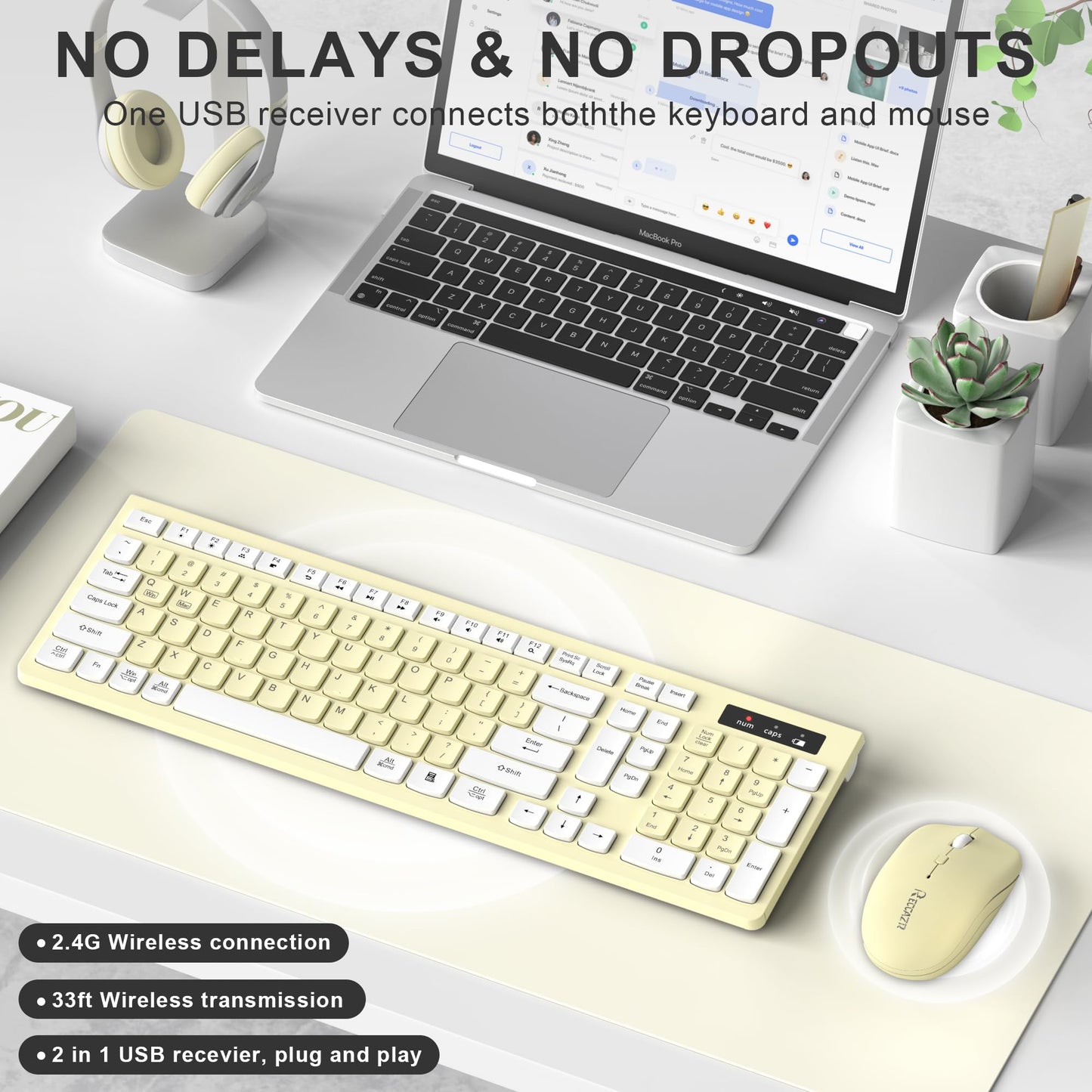 Wireless Keyboard and Mouse Combo, Full-Sized Wireless Keyboard and Adjustable DPI Mouse, 2.4GHz USB Receiver, Silent Keyboard and Mouse for PC, Windows, MAC, Desktop, Laptop (Avocado Green)