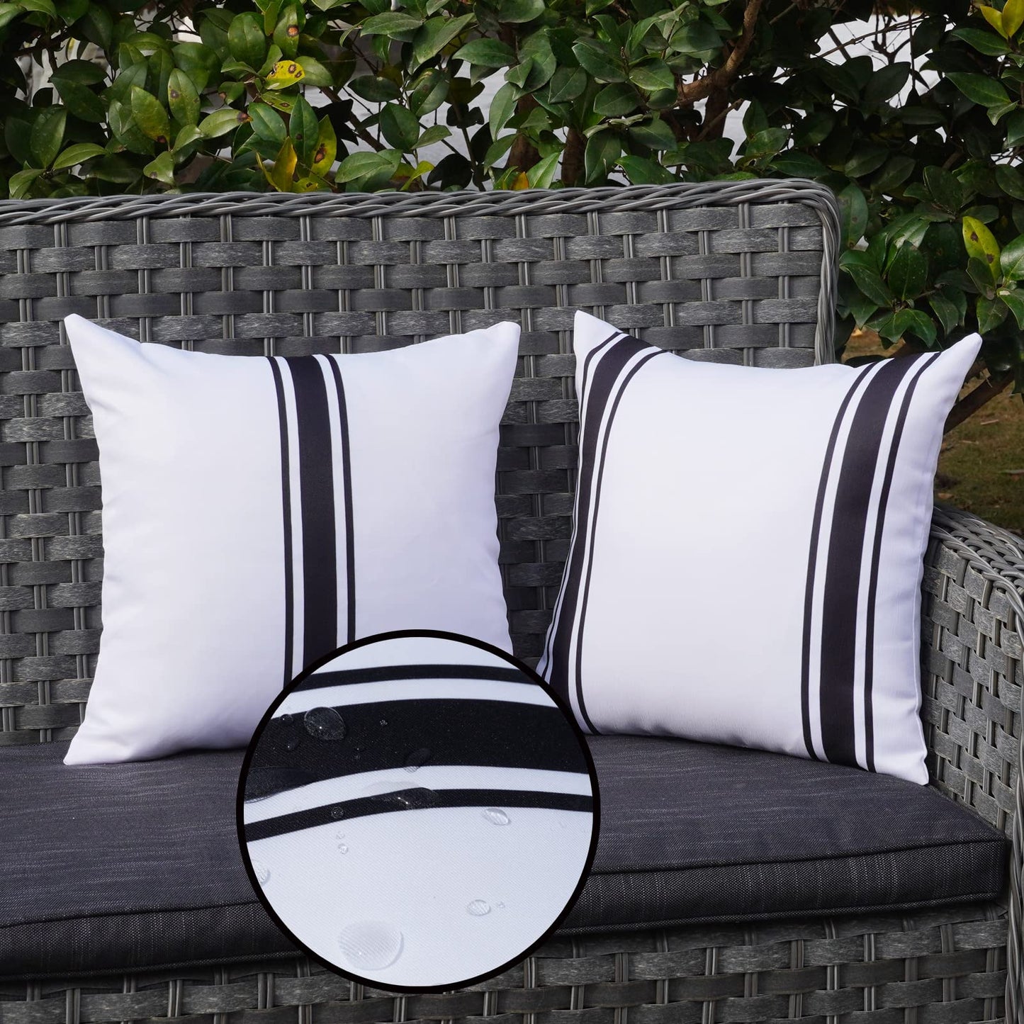 ONWAY Outdoor Pillow Covers Waterproof 18x18 Set of 2 Decorative Linen Throw Pillow Cover Beige and Black Striped Outdoor Pillows for Patio Furniture BST220