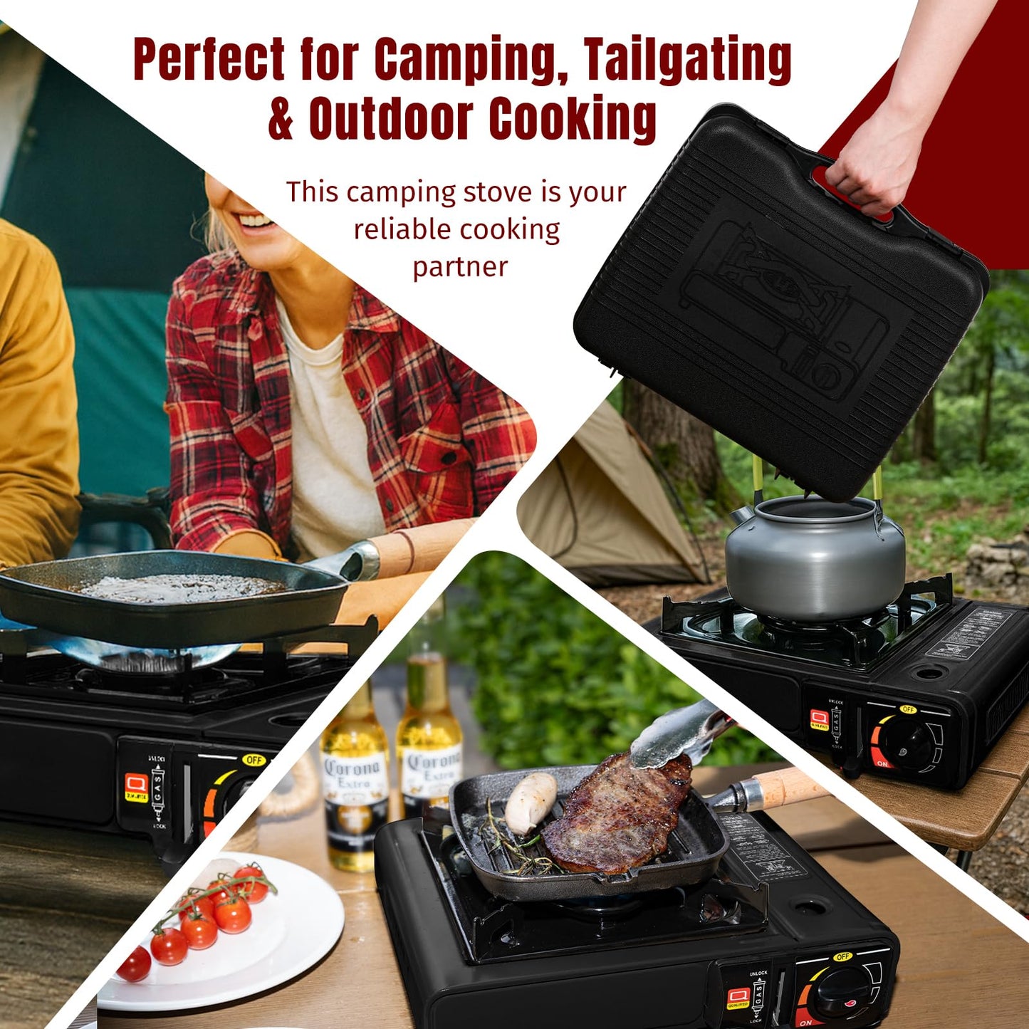 SHINESTAR 7800 BTU Dual Fuel Camping Stove, Propane Portable Gas Stove | Propane or Butane Camp Stove with Adjustable Heat Dial, Carry Case & Propane Adapter Hose,for Outdoor Cooking and Emergencies BST326H