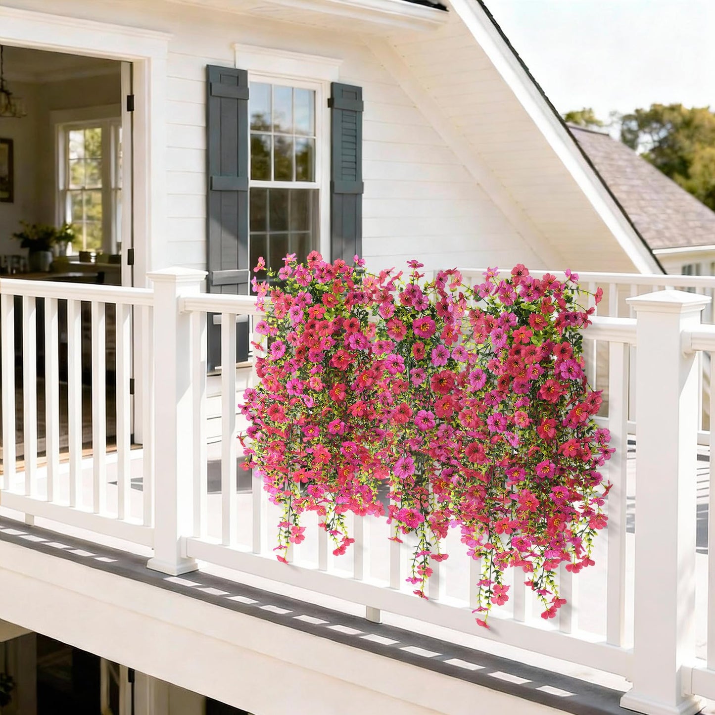 Artificial Hanging Flowers for Outdoor, 2PCS Fake Flowers Faux Silk Daisy with Eucalyptus Leaves, UV Resistant Aritificial Flowers for Spring Home Patio Yard Porch Decor (Light Purple Red) BST202