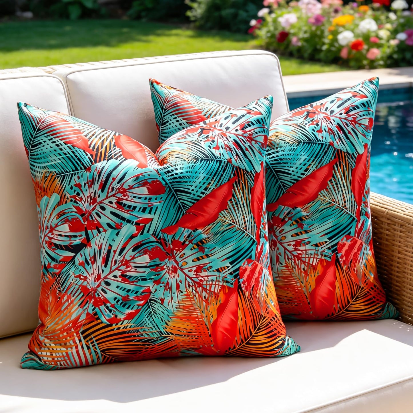 Outdoor Waterproof Pillow Covers Summer Decorative Throw Pillow Covers Tropical Leaf Couch Covers 20x20 Set of 2 Square Outdoor Floral Cushion Cases for Patio Furniture Garden Tent Balcony Bench BST220