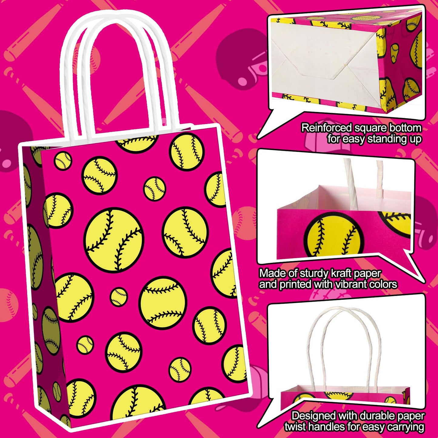 MotiMind 24 Pcs Softball Party Favor Bags Black Yellow Softball Themed Goodie Gift Wrapping Paper Bags with Handles Portable Sports Ball Candy Treat Pouch for Birthday Party Decorations Supplies BST326H