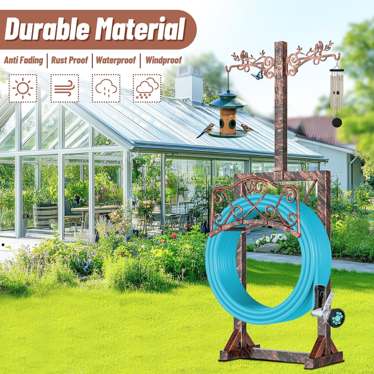 Garden Hose Holder, Freedstanding Heavy Duty Garden Water Hose Holder Stand with 2 Shepherds Hooks, Detachable Metal Hose Storage Hanger Rack for Outside Yard Lawn Farm DD1210
