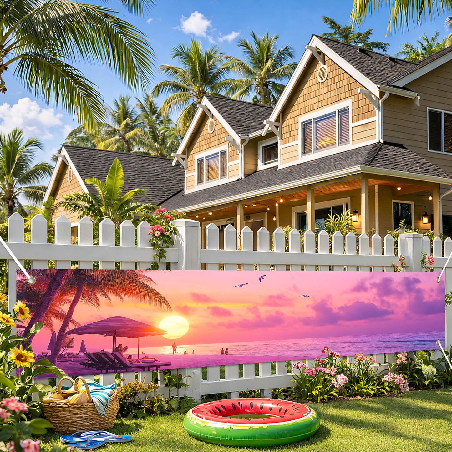 BlissYard Hello Summer Banner 118 x 20 Inch Pool Party Decorations Beach Surfboard Watermelon Tropical Fence Sign Hawaiian Luau Outdoor Backyard Wall Decor BST220