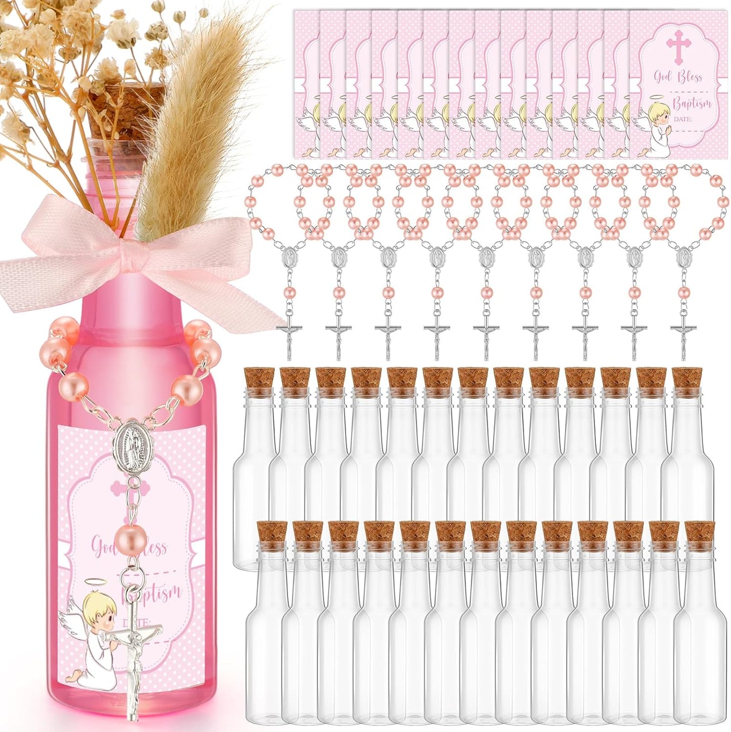 Highergo 50 Set Catholic Holy Water Bottles Cross Rosary Set Baptism Party Favors 50ml Christian Clear Plastic Holy Water Containers Cork Stopper for Church First Communion Wedding Table Newborn(Pink) BST326H