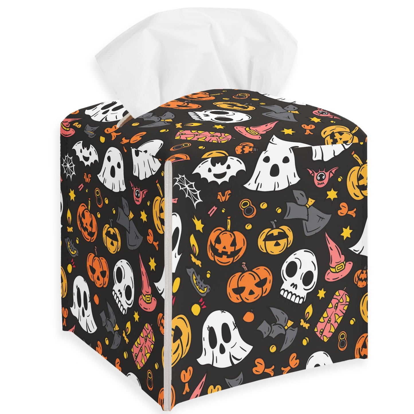 Spooky Tissue Box Cover Square - Ghosts & Bats Tissue Box Holder - Halloween Pumpkin Facial Paper Organizer Dispenser for Home Car Bathroom Office Bedroom Desk Tabletop Supplies & Decor - A11 BST220