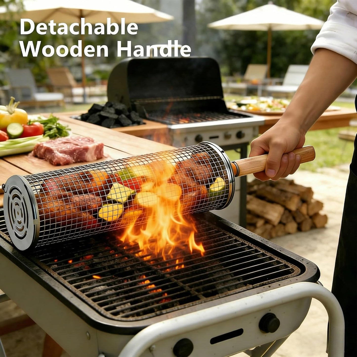 2Pcs Rolling Grill Baskets, 304 Stainless Steel Grill Baskets with Removable Wooden Handle Vegetable Grilling Basket for Outdoor Cooking, BBQ, Camping BBQ Grill Accessories Cooking Gift for Men BST202