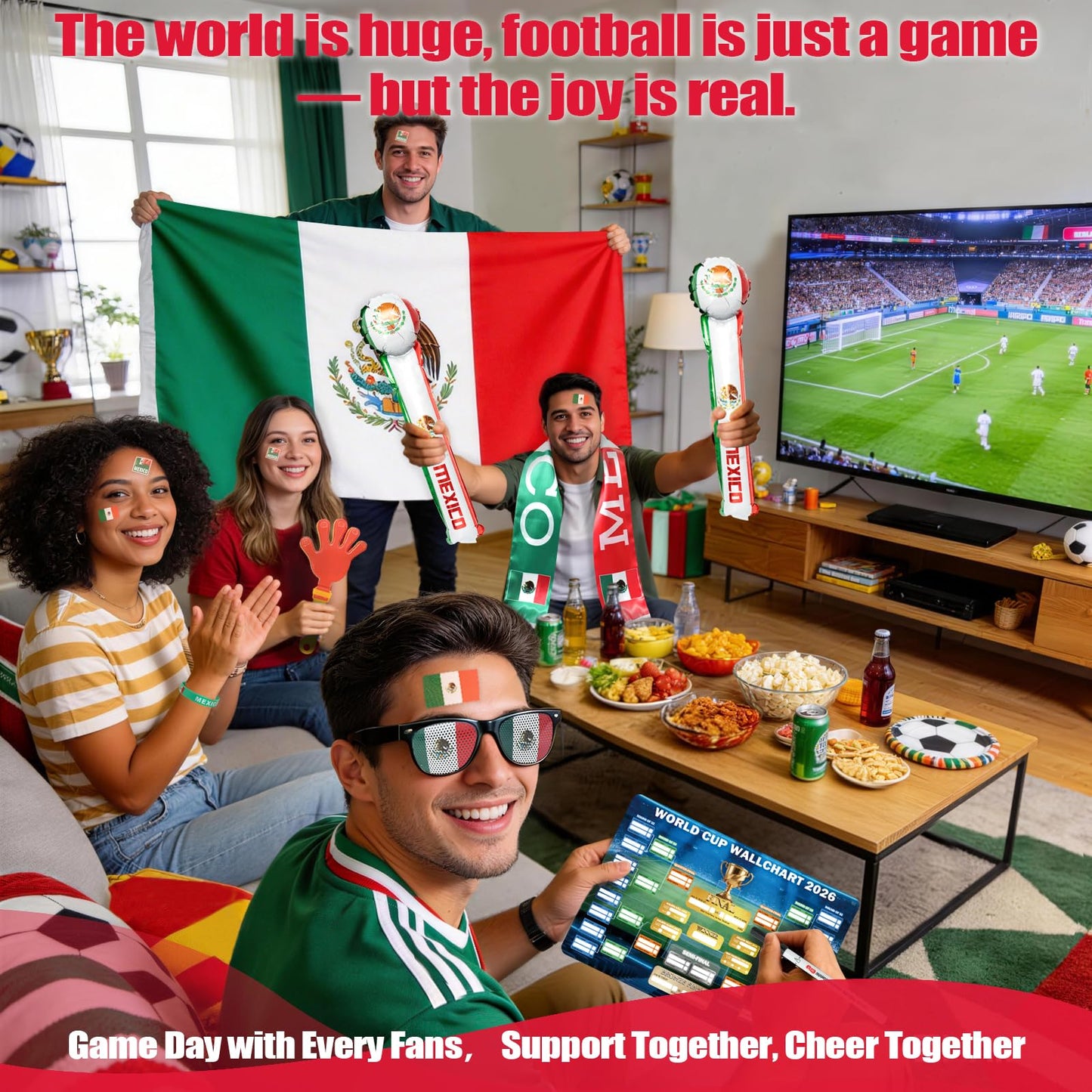 World Cup 2026 Fan Accessories with Large 3x5 ft Flag, Match Tracker Poster, Stickers, Cheering Sticks, Clapper & Scarf, World Cup Decorations Fan kit for Soccer Watch Party, Stadium and Home Cheering BST202