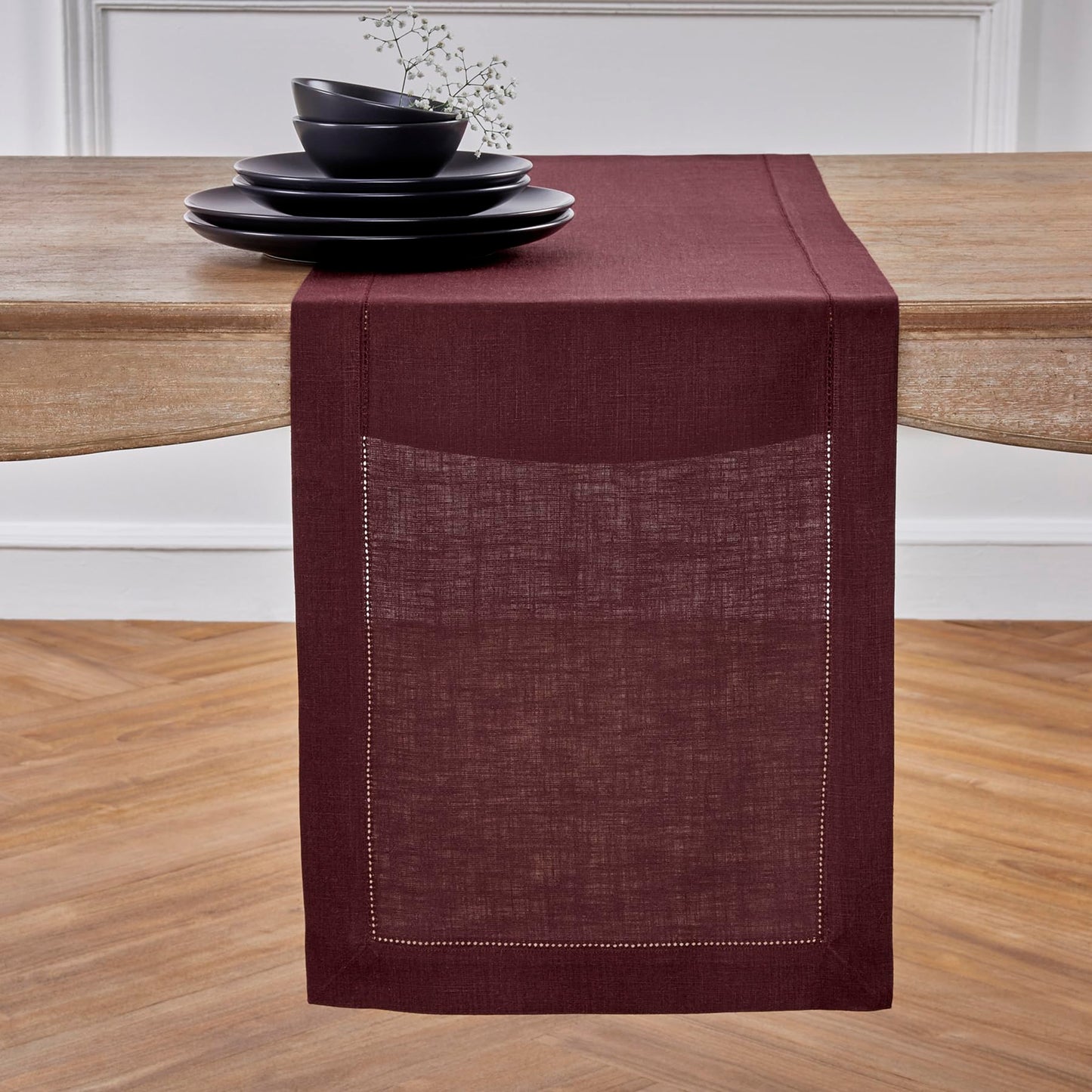 Solino Home 100% Pure Linen Table Runner Garden Green Hemstitch, 14 x 48 in | Classic Hemstitch Table Runners for dining, hallway and console table styling | hand hemstitched borders | OEKO-TEX Certified BST326SOLH