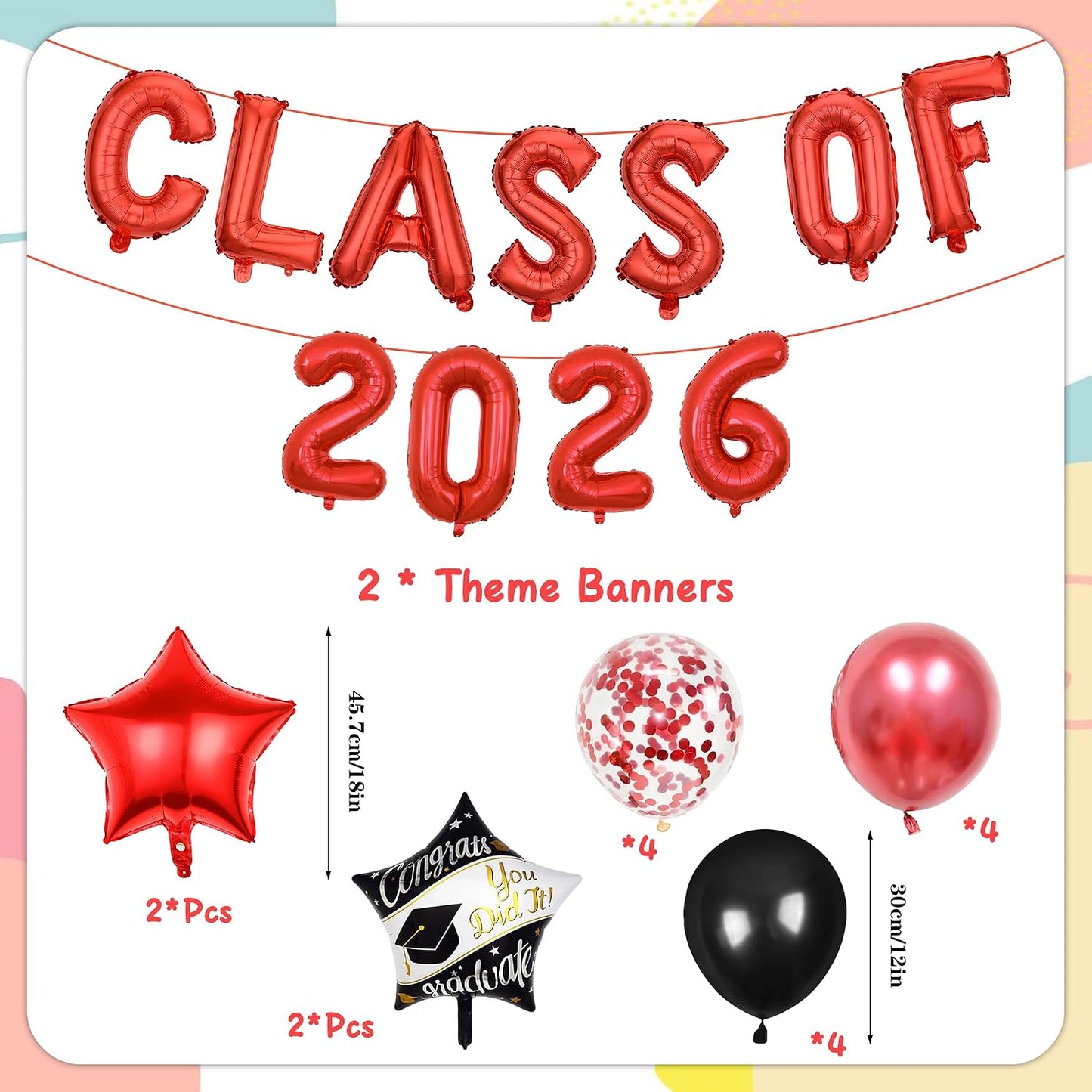 Graduation Party Decorations 2026 Balloons - 27 Pcs Red Black Class Of 2026 Banners Foil Graduation Cap Star Balloons Latex Balloon Set For High School College Graduation Party Decor Supplies BST326L
