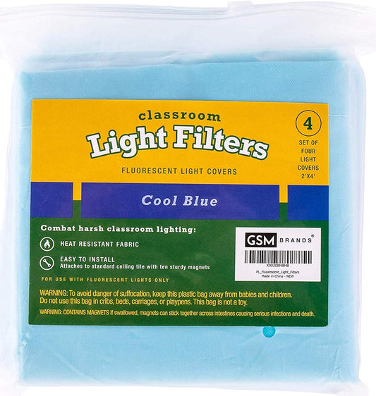 GSM Brands Fluorescent Light Covers - Diffuser for Classroom, Office, Hospital and Home - 2' X 4' Calm Blue Filter Pack of 4 WN420