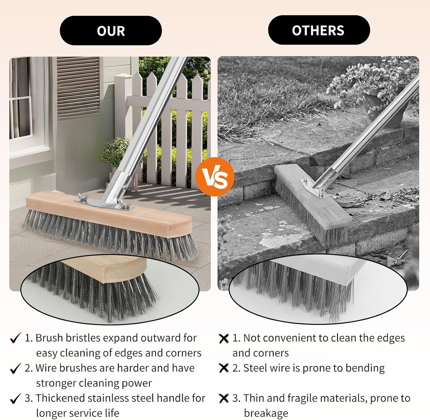 Stainless Steel Wire Scrub Brush with Long Handle, Heavy Duty Floor Scrubber Brush, Moss Remover Wire Broom for Deck, Rough Surface, Concrete Floor, Patio, Garden, Garage BST202