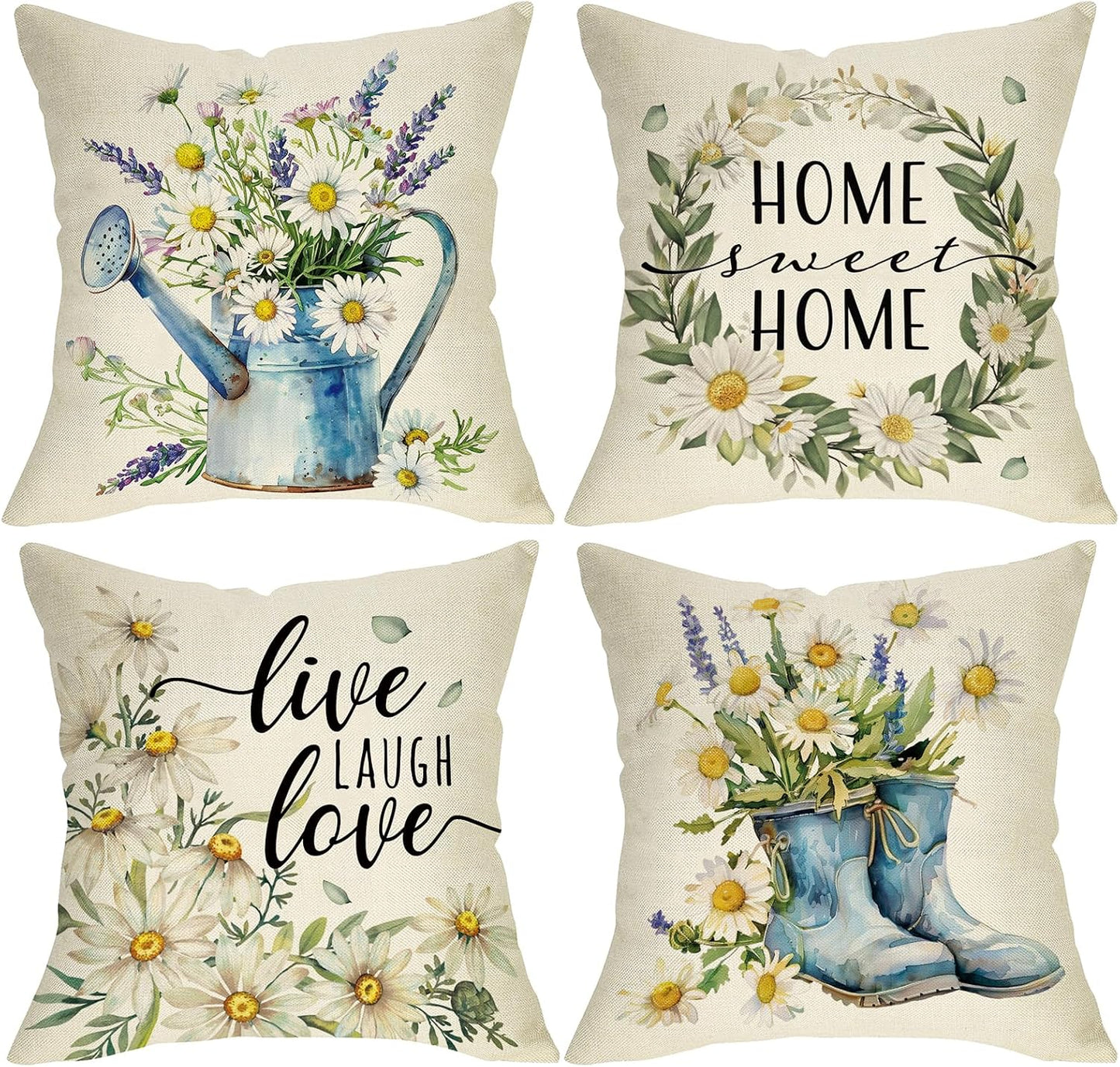 Spring Summer Daisy Flower Decorative Throw Pillow Covers | 18 x 18 Set of 4, Home Sweet Home Floral Wreath Watering Can Boots Porch Home Decor, Live Laugh Love Farmhouse Sofa Couch BST202