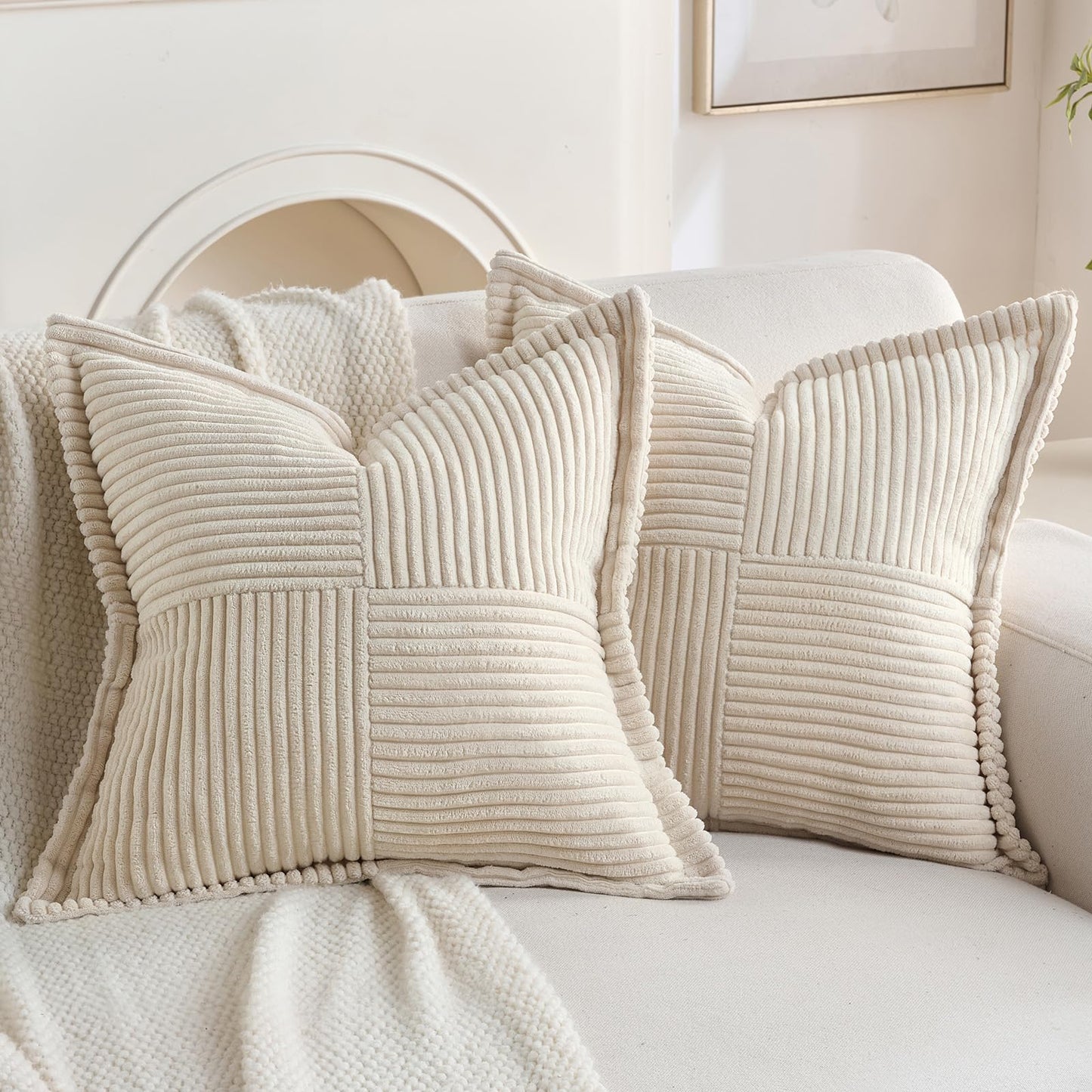 HAUSSY Pack of 2 Corduroy Throw Pillow Covers26x26 Inch, Rust | Decorative Striped Soft Boho Farmhouse Pillowcases, Machine Washable, Couch Bed Sofa Living Room Home Decor, No Insert BST202