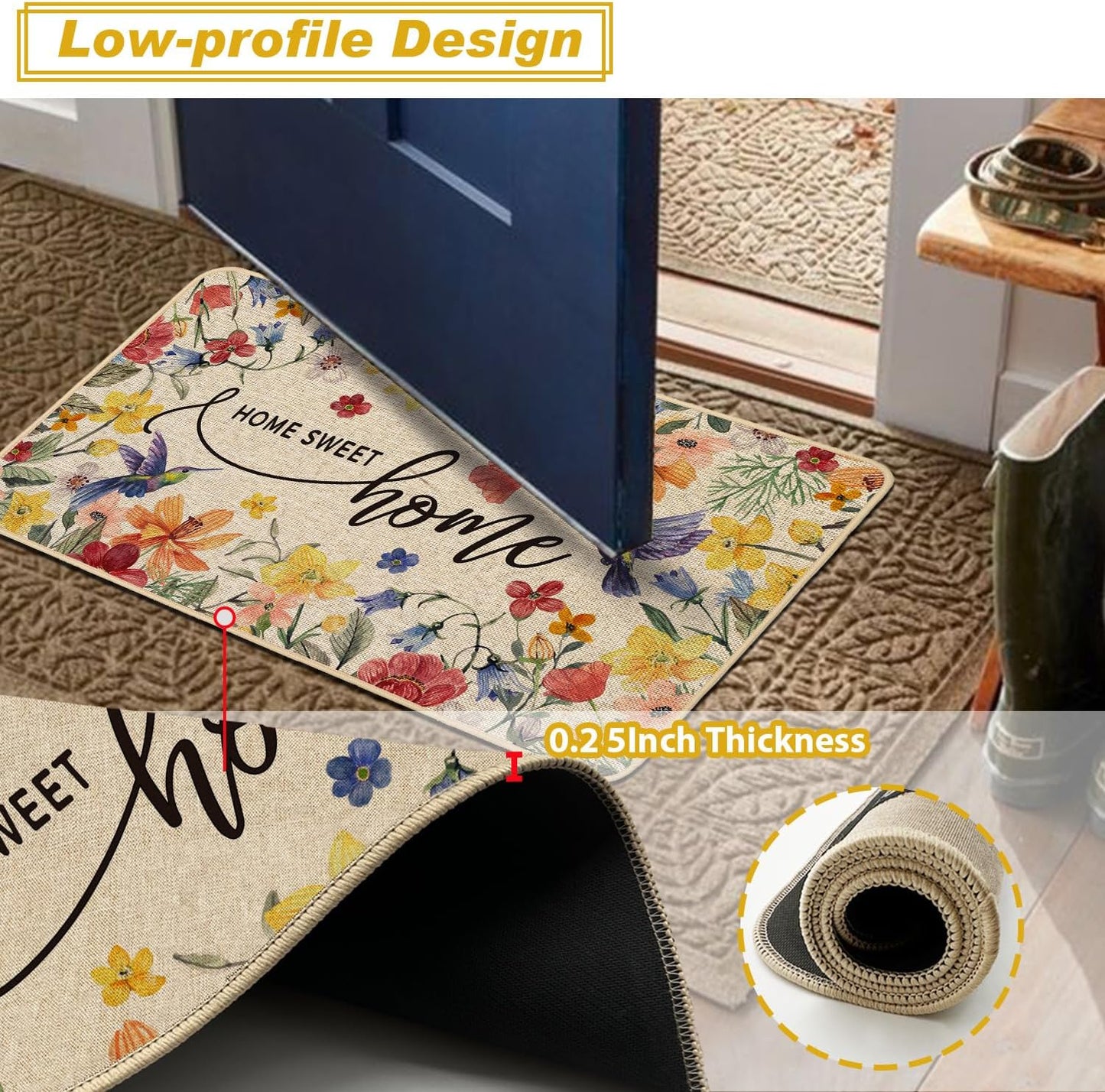 Baccessor Home Sweet Home Floral Kitchen Mats Set of 2,Spring Summer Hummingbird Flowers Kitchen Rugs Absorbent Non Slip Low-Profile Washable for Floor Home Decor 17x29 and 17x47 Inch BST202