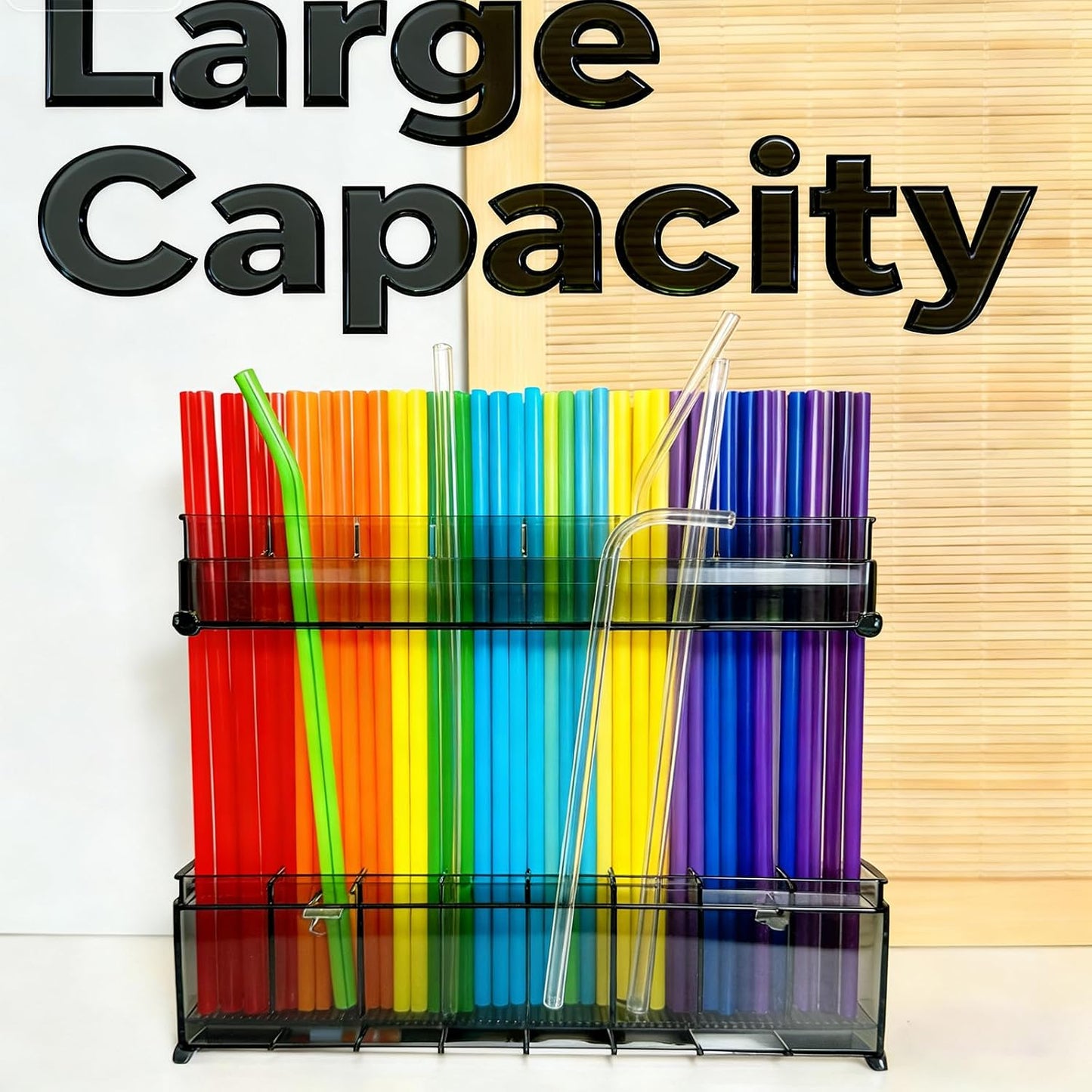 9.8 inch double-layer removable and washable Large Acrylic Cabinet Straw Holder Organizer with Traceless Nano Adhesive – Space-Saving Storage Rack for Cabinet Door, Clear Black Straw Cabinet Holder BST202