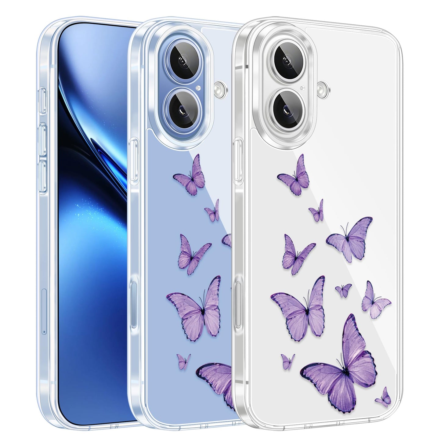 Cute Girly Crystal Clear Case Compatible with iPhone 16 Pro, Camera Control & Shockproof Protection Floral Case for Women, Blue Butterflies WN420