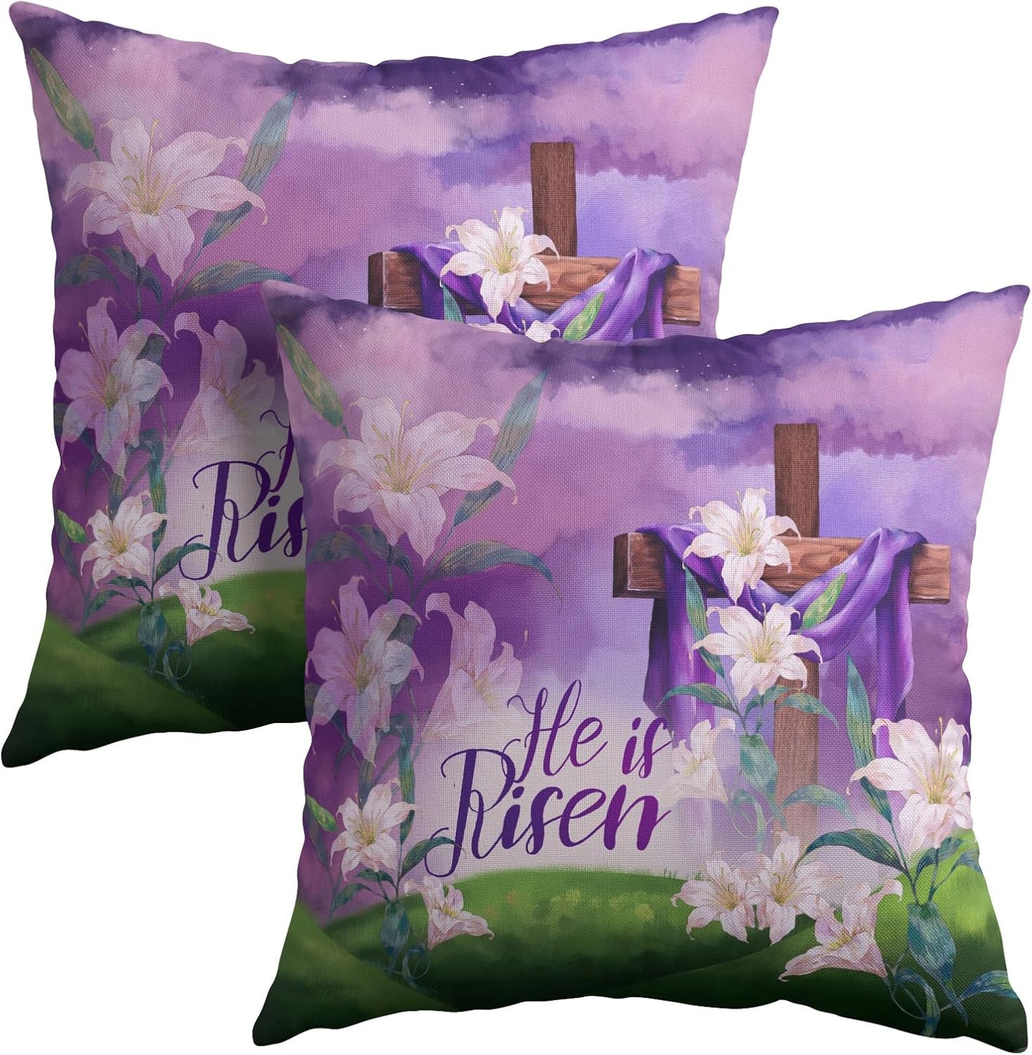 Kawani Easter Throw Pillow Covers 18x18 Set of 2 He is Risen Cushion Case Cotton Linen Square Happy Easter Purple Throw Pillows Case for Spring Flowers Party Sofa Couch Bed Bench Outdoor BST326L
