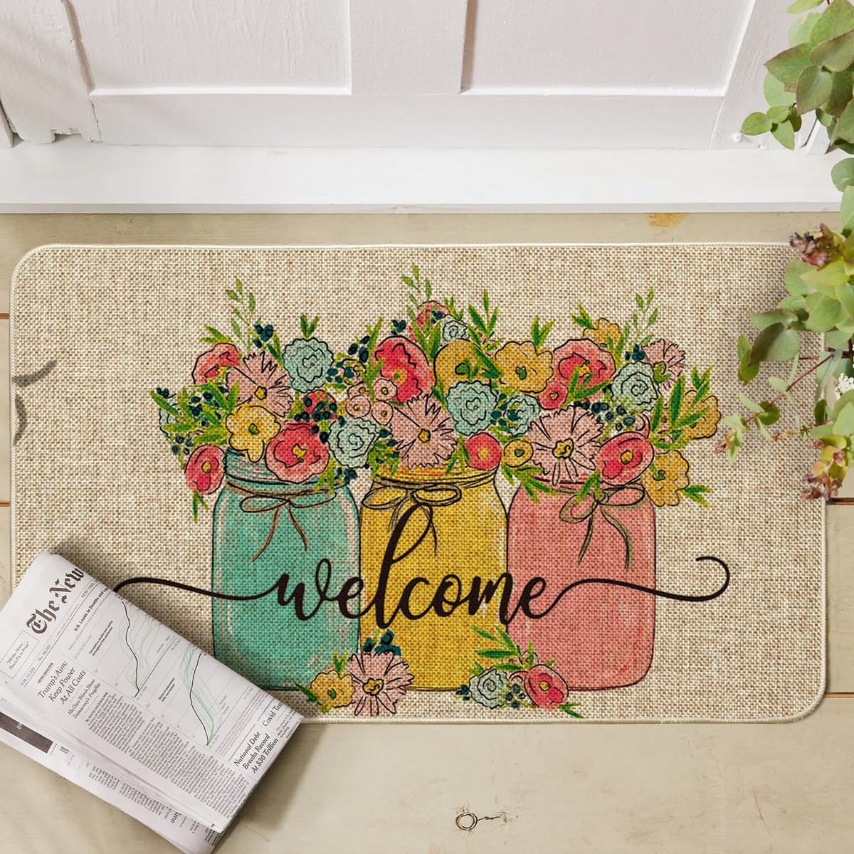 Artoid Mode Vase Hello Spring Semicircular Doormat, Seasonal Summer Low-Profile Yard Floor Switch Mat for Indoor Outdoor 17 x 29 Inch BST202