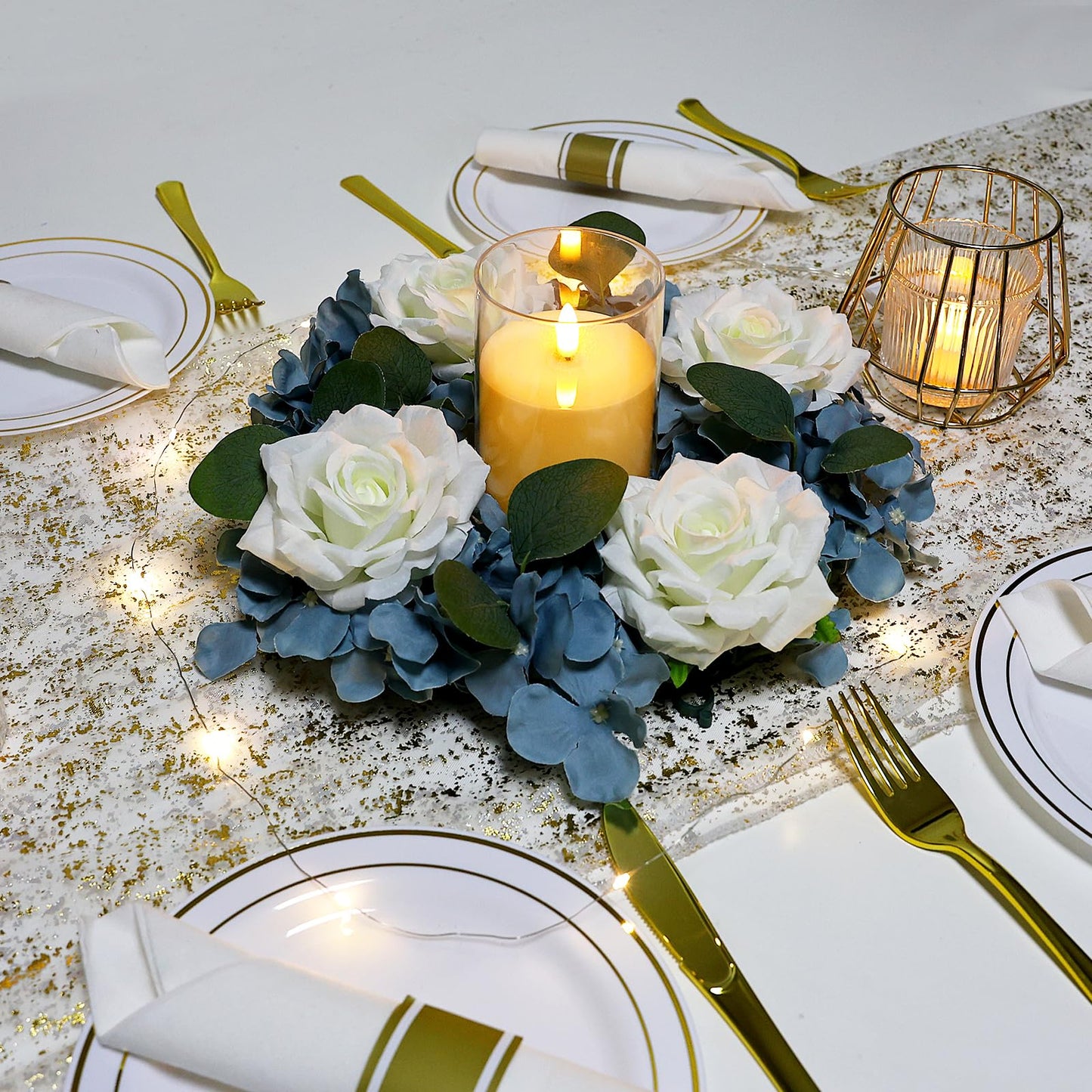 Artificial Flower Candle Rings - 6 Inch Inner Rose Floral Wreaths for Wedding Bridal Event Table Centerpieces Backdrop Decorations (Dusty Pink & White, 6 X Candle Rings) WN420