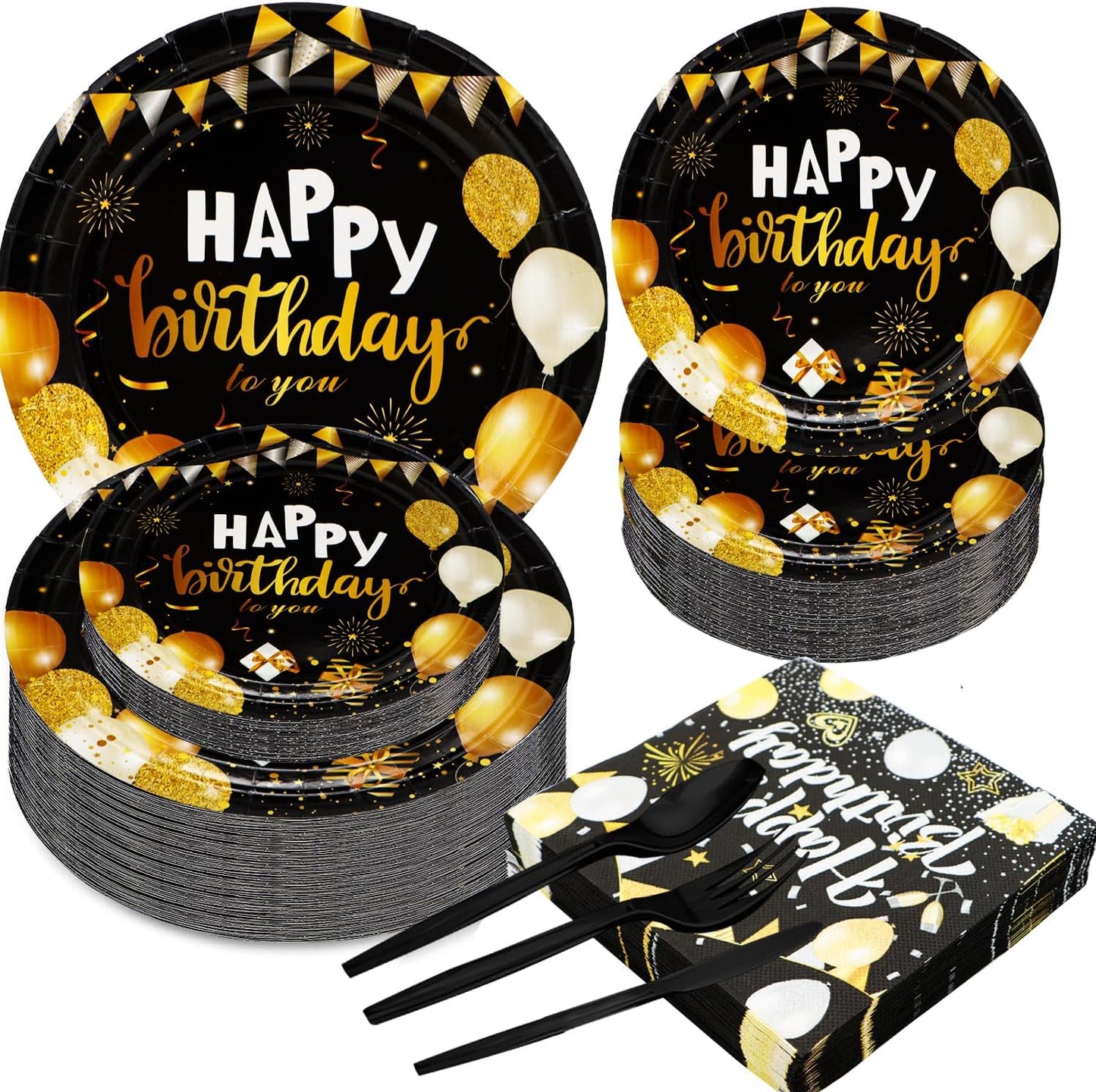 150Pcs Black & Gold Party Supplies - Happy Birthday Set with 9" & 7" Plates, Napkins, Knives, Forks, Spoons for 30th-80th Anniversary Decor BST326H