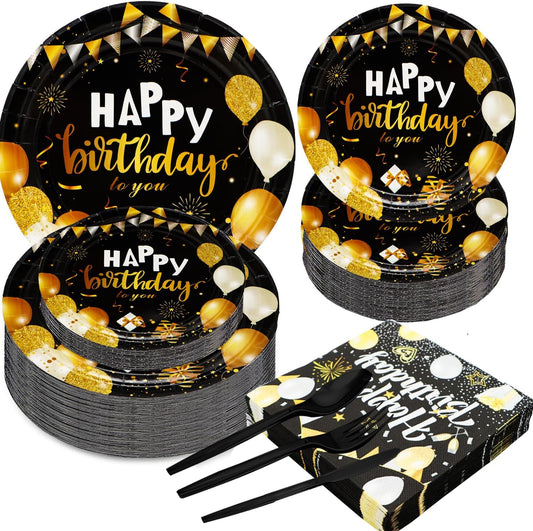 150Pcs Black & Gold Party Supplies - Happy Birthday Set with 9" & 7" Plates, Napkins, Knives, Forks, Spoons for 30th-80th Anniversary Decor BST326H