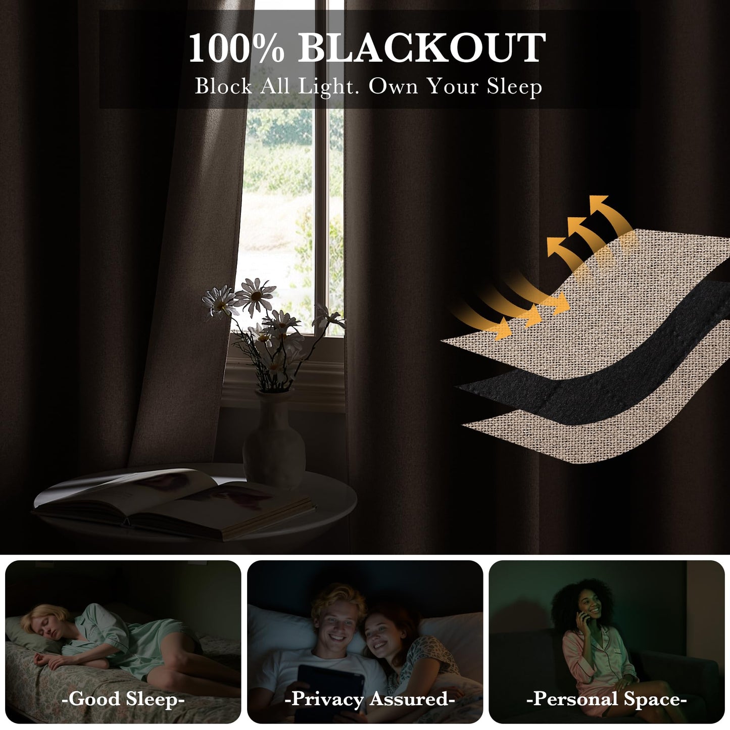 RYB HOME 100% Blackout Curtain for Sliding Glass Doors, Extra Wide Thermal Insulated Privacy Linen Curtains for Bedroom/Patio Door/Living Room/Open Closet, Room Divider, Black, W100xL108, 1 Panel BST220