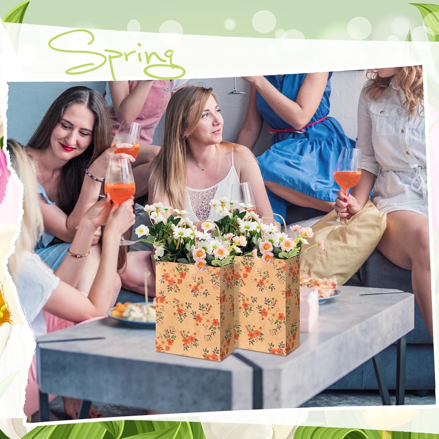 TaoBary 24 Pieces Floral Gift Bags with Handle Kraft Flower Treat Goodie Bags for Summer Spring Party Favor Supplies Decoration WN420