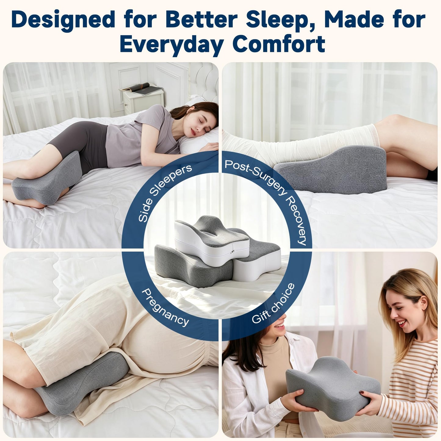 UJPFEO Knee Pillow for Side Sleepers,Leg Pillows for Sciatica,Knees,HIPS,Joints Between Legs,Back Pain Relief When Side Sleeping Spine Alignment Support for Knee Surgery Recovery,Grey WN420