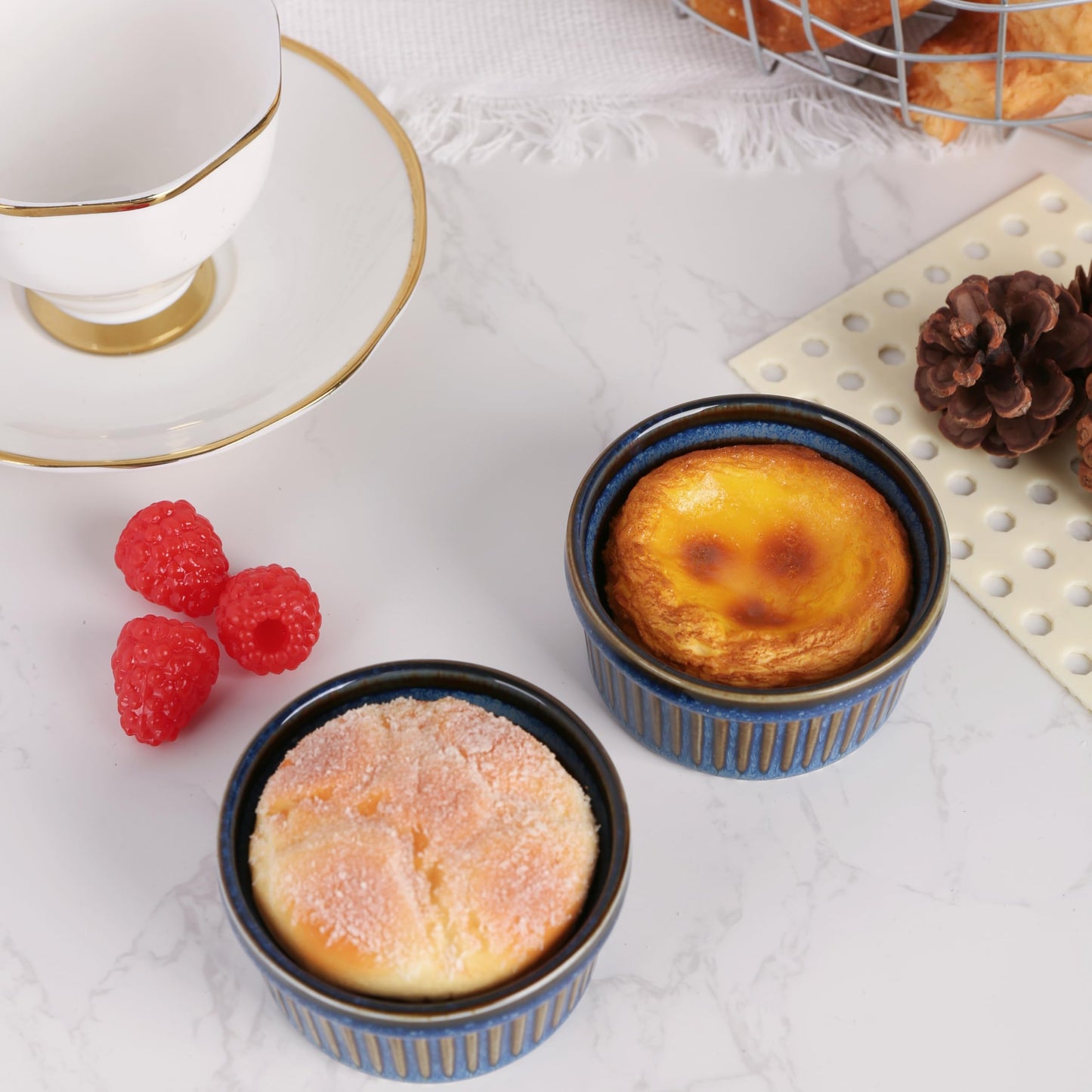 4oz Ramekins Set of 4,Creme Brulee Ramekins Oven Safe,Ceramic Custard Cups Ramiken for Baking,Souffle Ramekin Bowls for Pudding Ice Cream,Blue BST220