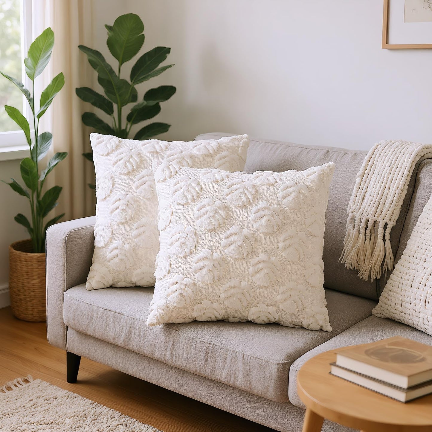 Palm Leaves Decorative Throw Pillow Covers 18"x18", Set of 2 Green Tropical Leaf Soft Faux Fur Pillow Covers, Fluffy Plush Pillow Cases for Farmhouse Couch Cushion Covers BST326H