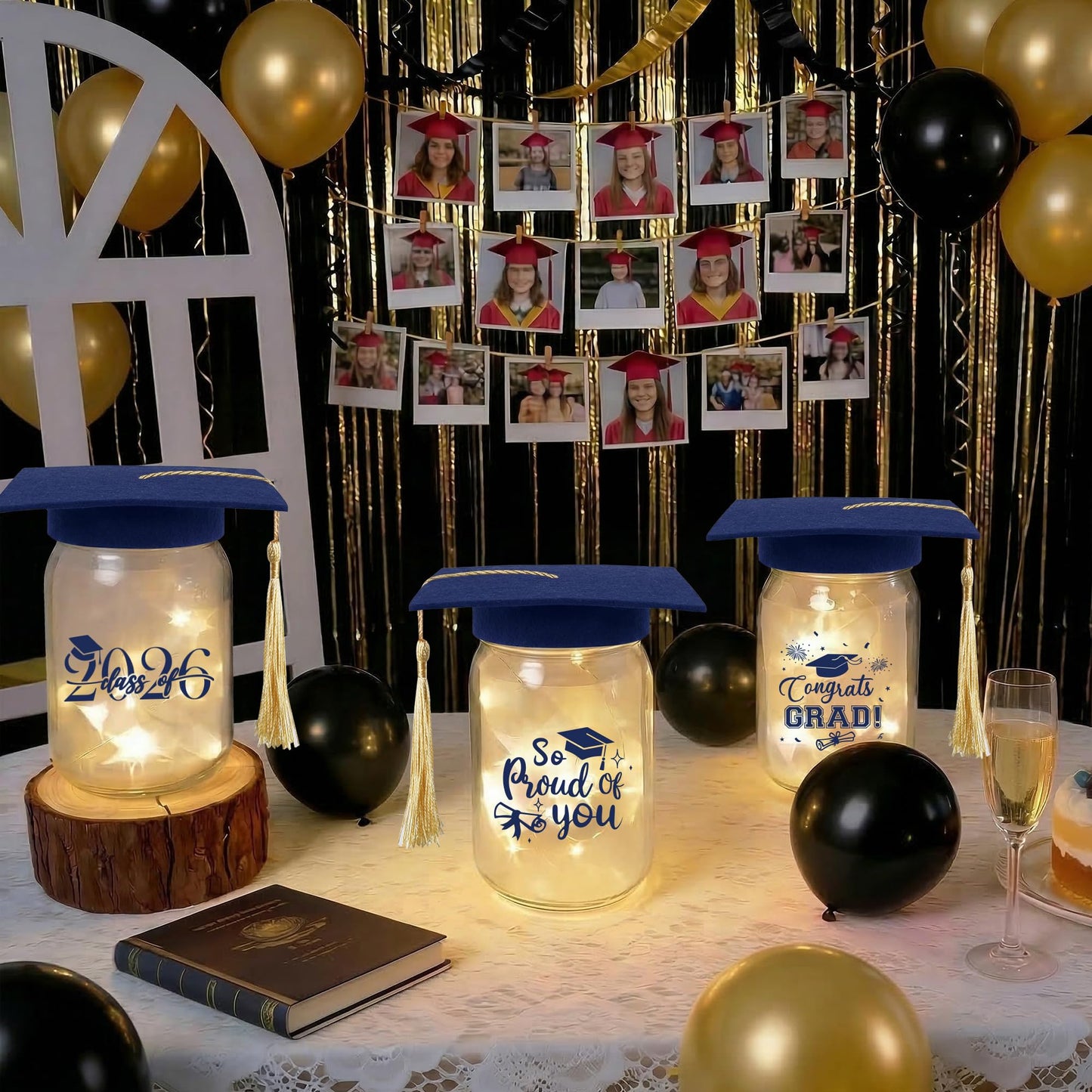 3 Sets 2026 Graduation Centerpieces for Tables, Glowing Mason Jar Centerpieces with Graduation Caps, Glowing Money Jars for College High School Congrats Grad Party Decor Supplies WN420