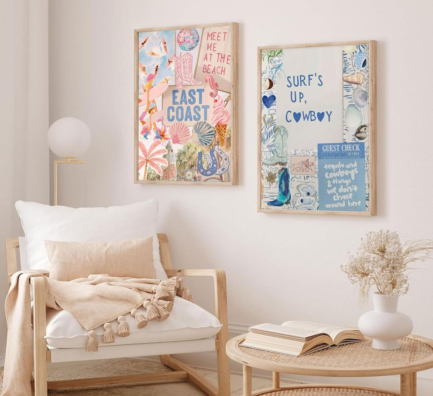 2PCS Pink And Blue Coastal Cowgirl Wall Art Surfboart Wall Decor Unframed | Coastal Girl Posters Beach Pictuers Cowboy Boots Prints for College Girls Dorm Bathroom Gallery Bedroom BST202