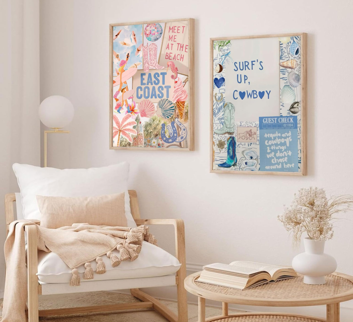 2PCS Pink And Blue Coastal Cowgirl Wall Art Surfboart Wall Decor Unframed | Coastal Girl Posters Beach Pictuers Cowboy Boots Prints for College Girls Dorm Bathroom Gallery Bedroom BST202