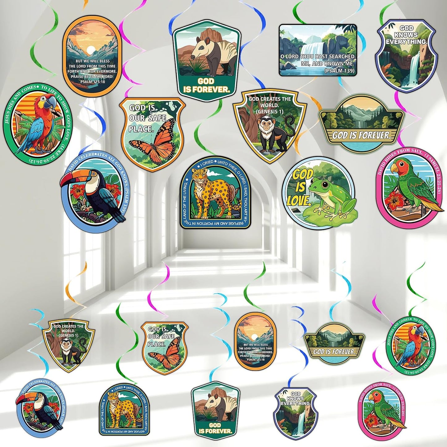 60 Pcs Vacation Bible School 2026 Party Decorations Rainforest Falls Hanging Swirl Vacation Bible School Rainforest Animal Ceiling Streamers Christian Verse Hanging Decor for Religious Classroom Decor BST202