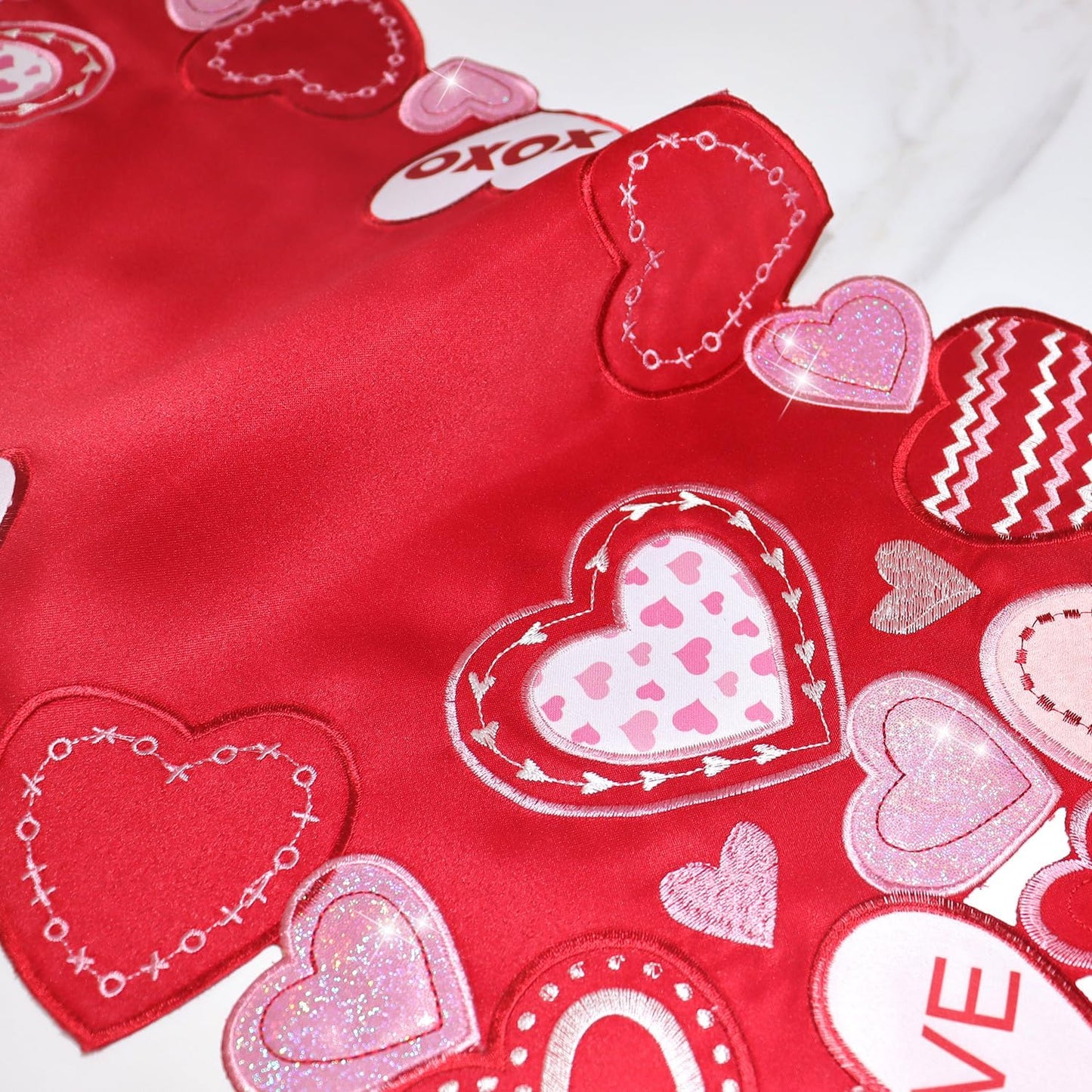 Valentines Table Runner Embroidered Red Love Heart Pink Valentines Day Runner for Table Decorations 54 inches Long Sparkle Cut Out Wedding XOXO BST202