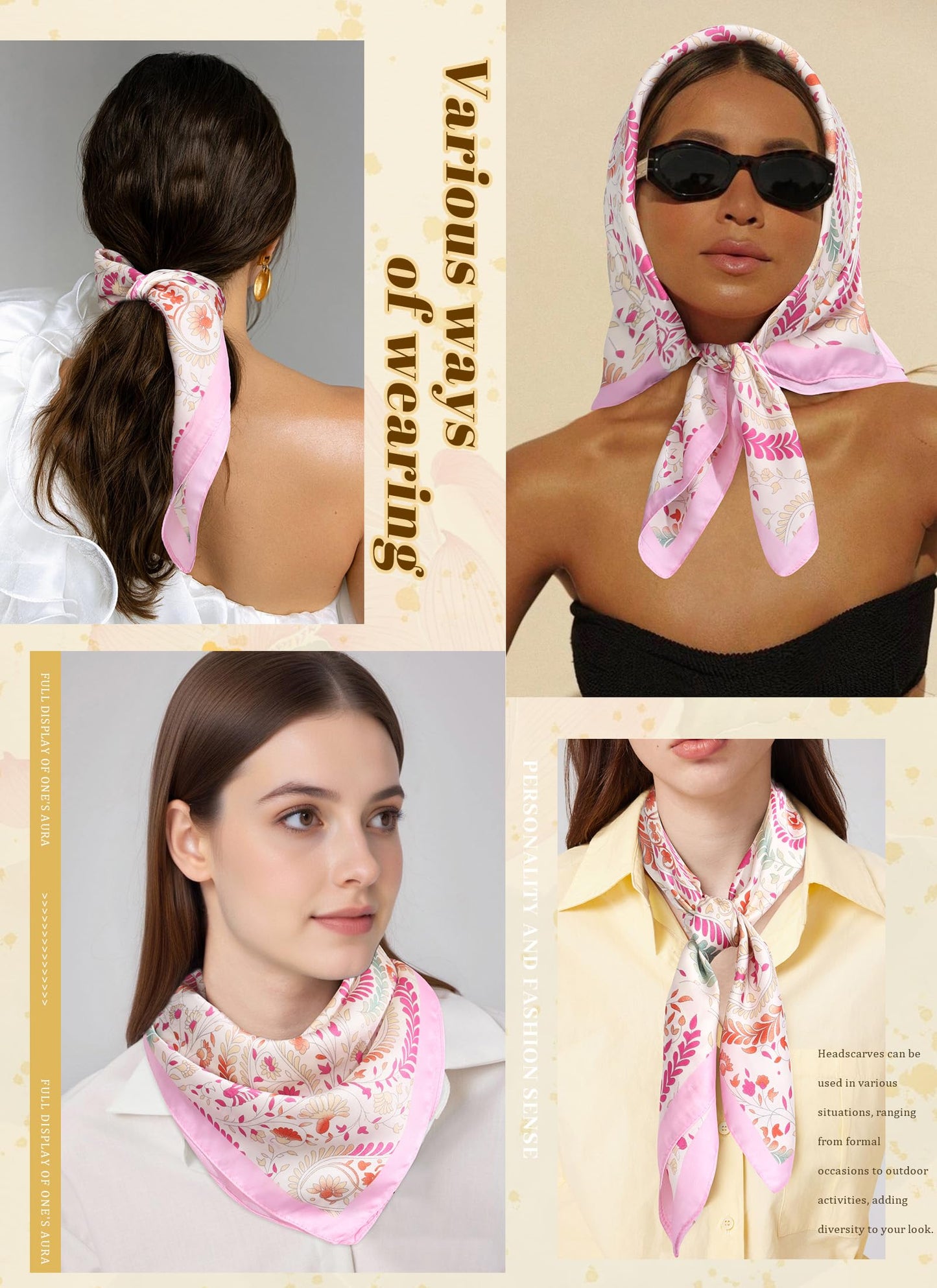 CHLINS 27.5” Square Head Scarf for Women Satin Hair Scarf Silk Wrap Neck Scarves Bandanas for Handbags Accessories WN420