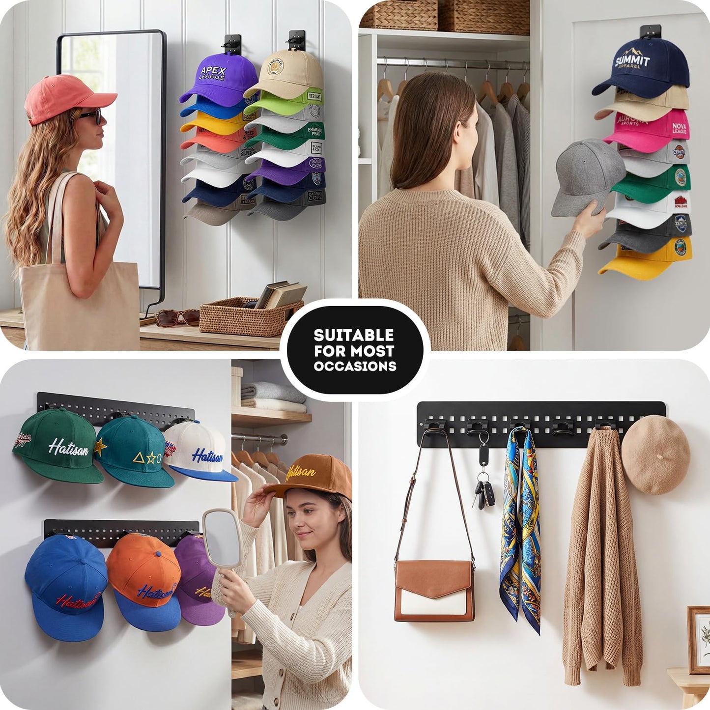 Hat Hook for Wall, 2 Pack Hat Organizer Hold up to 20 Hats,Hat Holder with Strong Adhesive and 8 Pack Screws, Cap Holder Hat Hangers for Wall Closet Door and Bedroom(B-Black) BST220